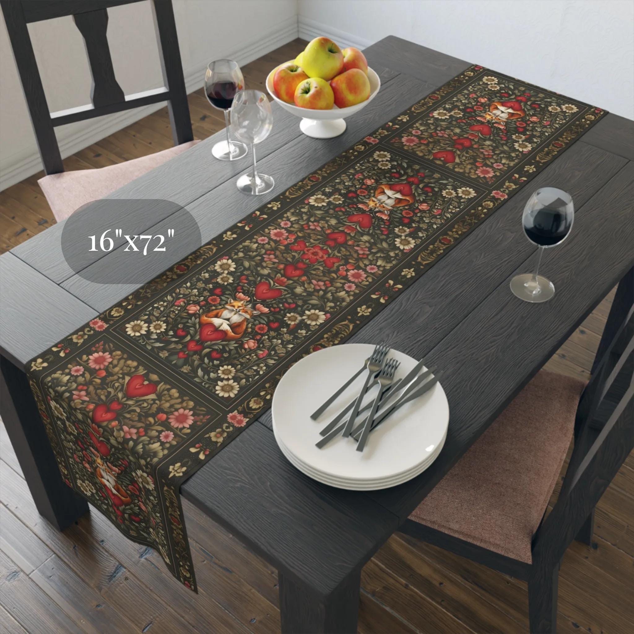 William Morris Inspired Table Runner: Fox Love Botanicals & Hearts Design