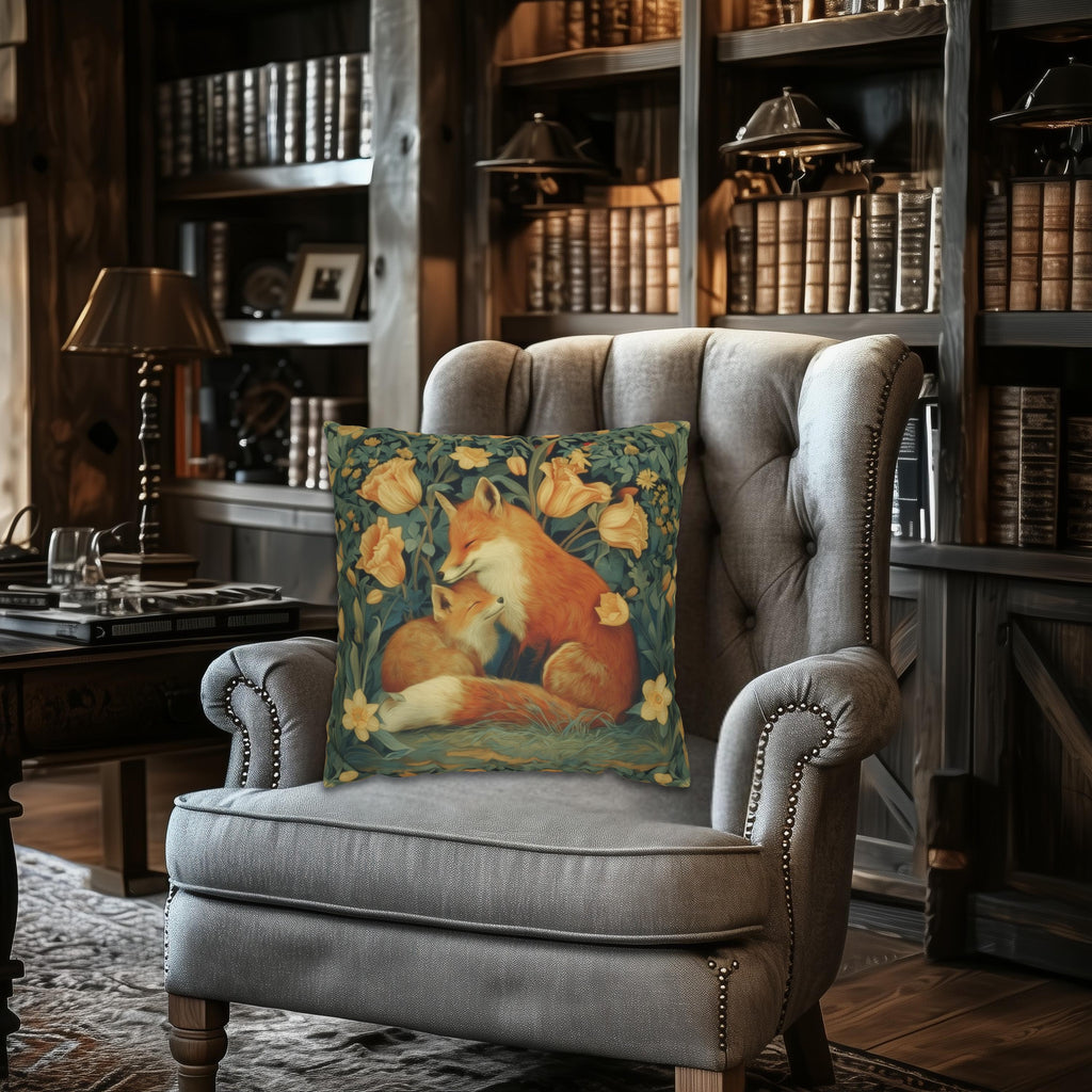 Mother's Bond Fox Pillow Cover: William Morris Inspired Woodland Botanical