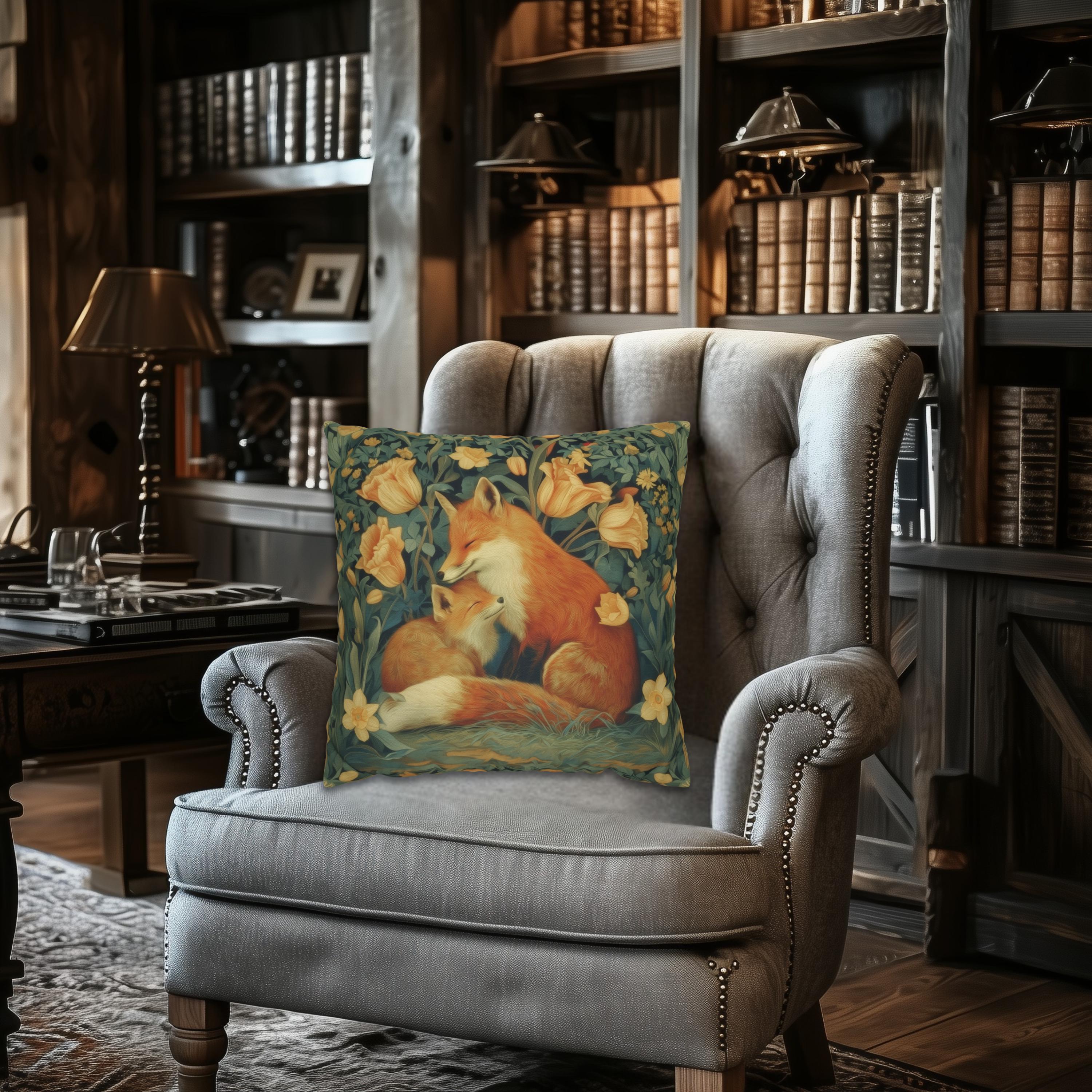 Mother's Bond Fox Pillow Cover: William Morris Inspired Woodland Botanical