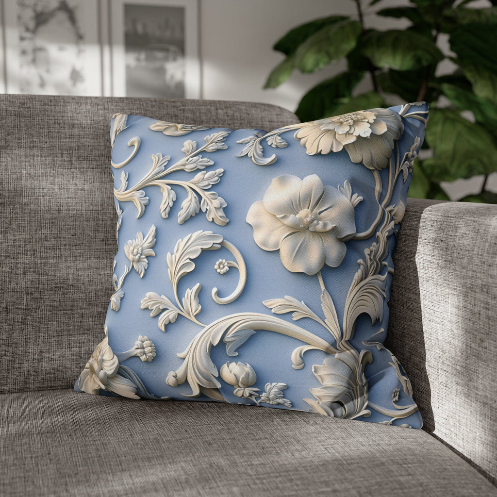 Elegant Chinoiserie Floral Pillow Cover: Soft White & Grey on Powder Blue, Timeless Asian-Inspired Decor