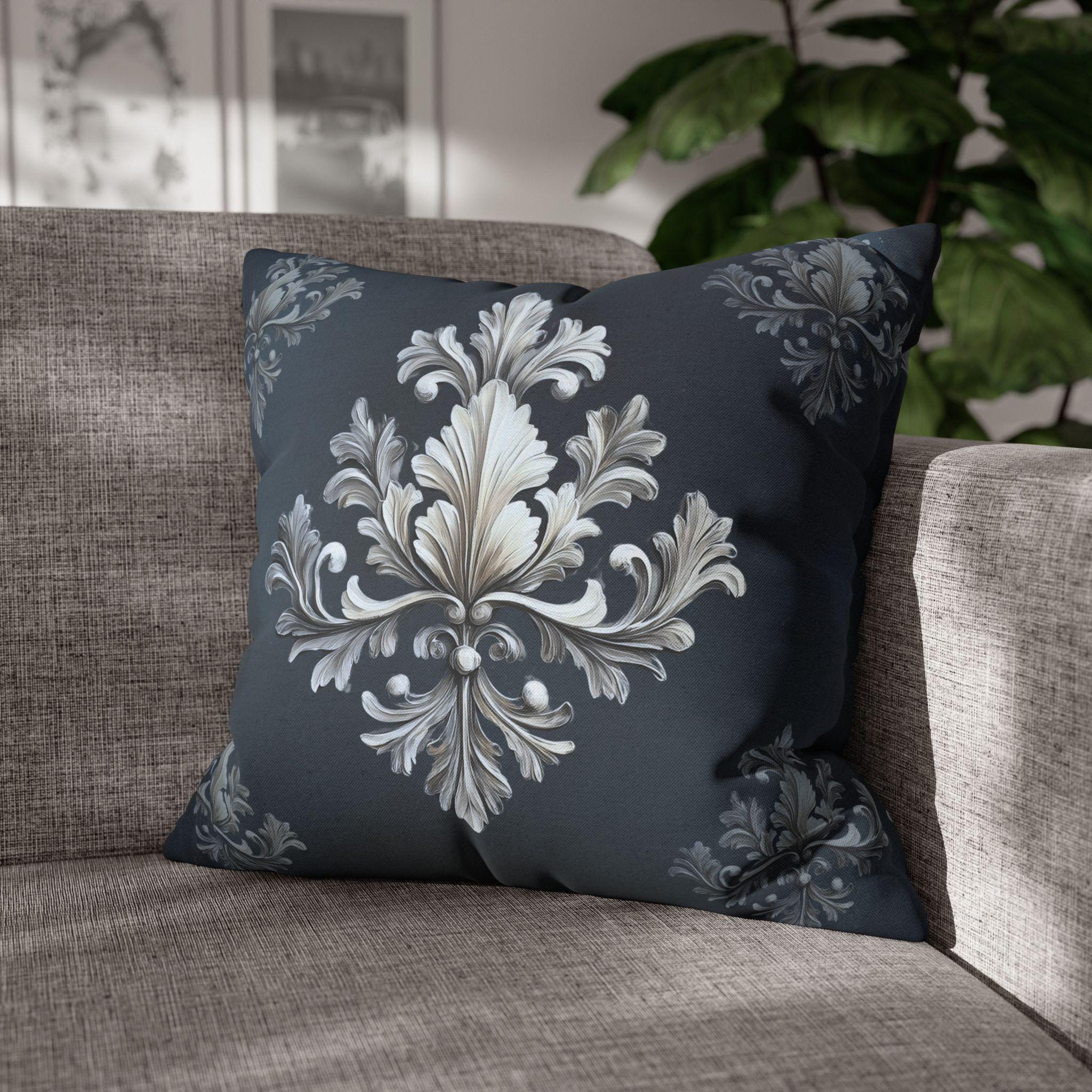 Luxurious Damask Inspired Navy & Silver Pillowcase, Elegant Deep Navy Blue Decor, Classic Home Accent