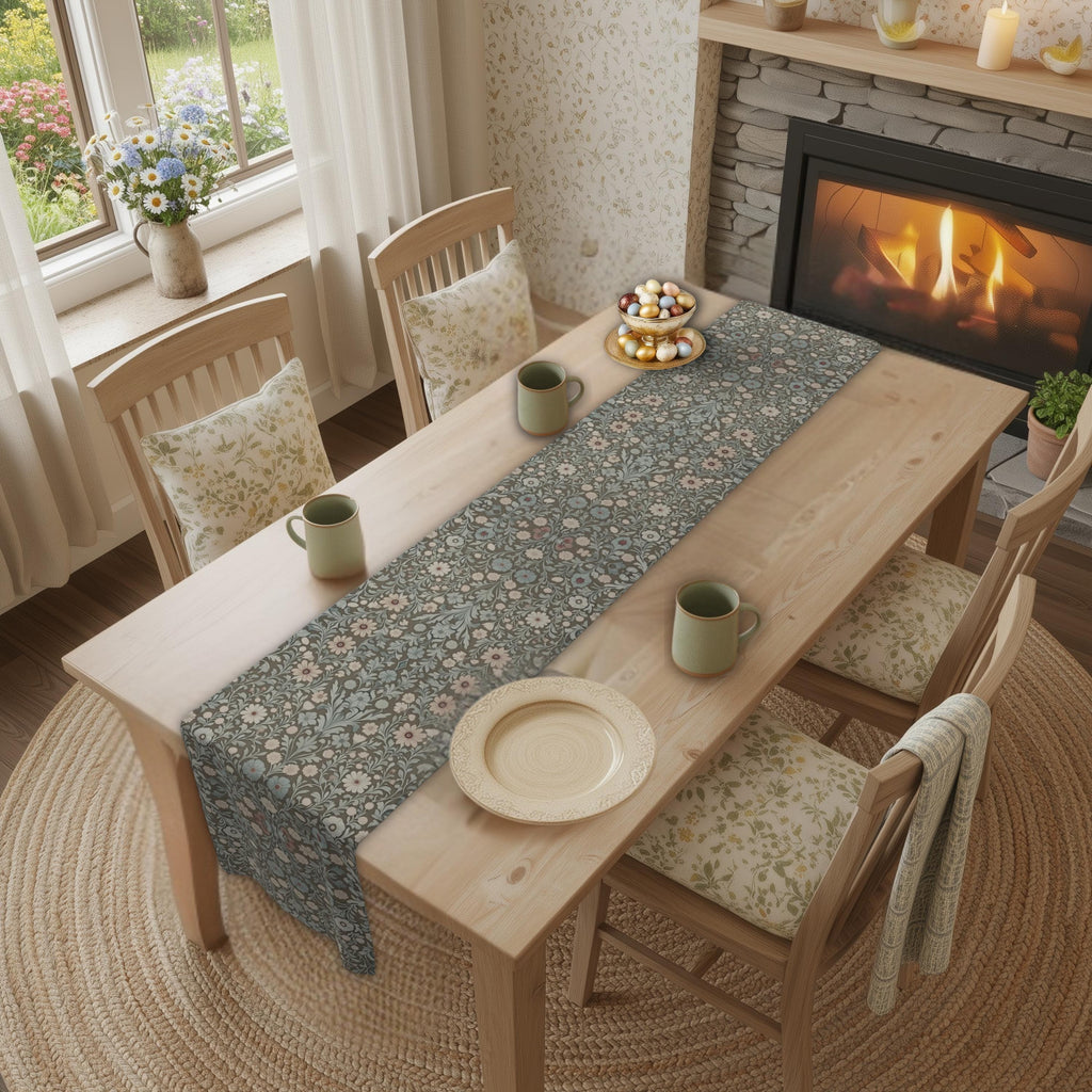 William Morris Table Runner: Soft Sage, Taupe, Blush Botanical Print