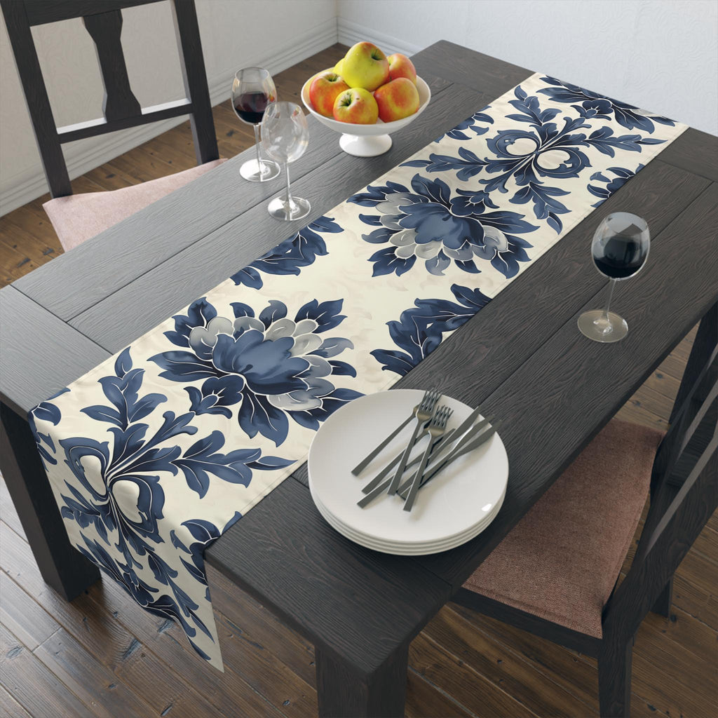 Elegant Blue Floral Table Runner: French Country Farmhouse Decor