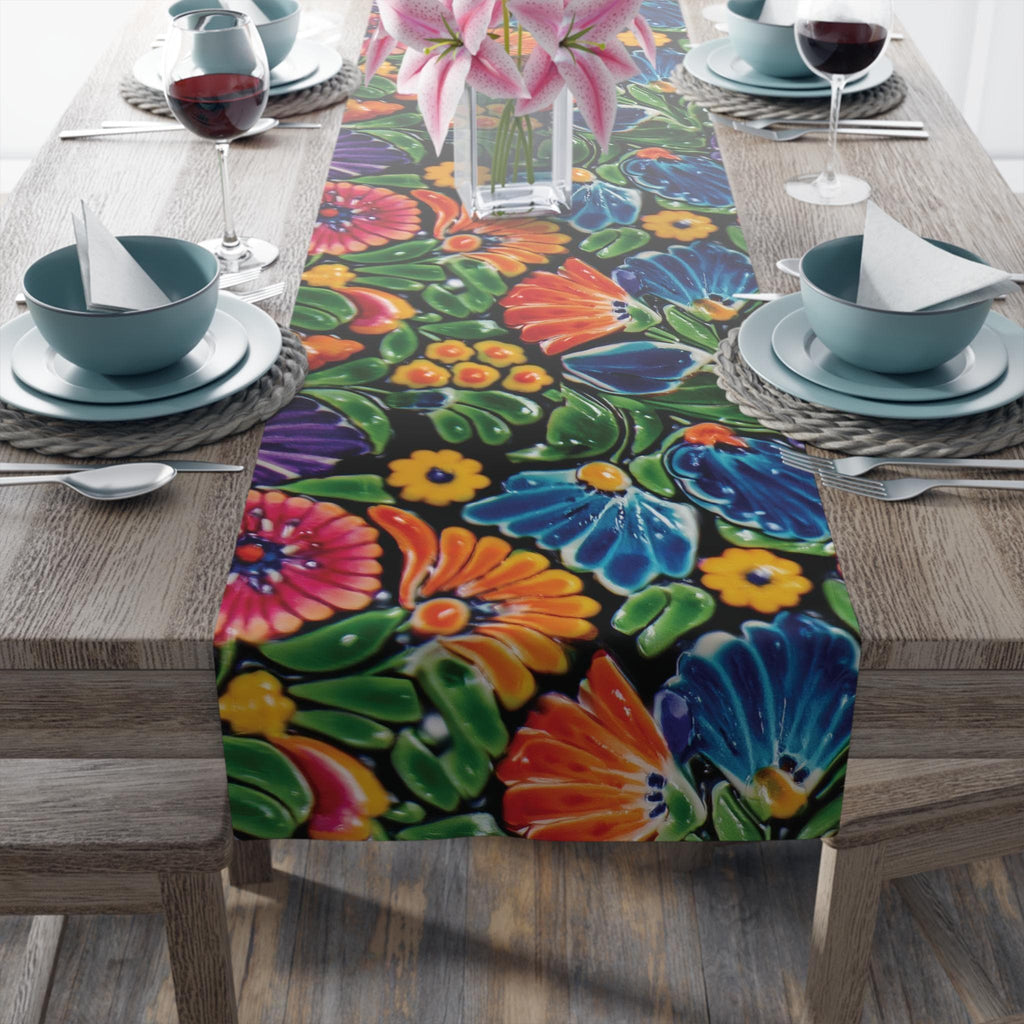 Mexican Table Runner: Bright Floral Folk Art on Black Background
