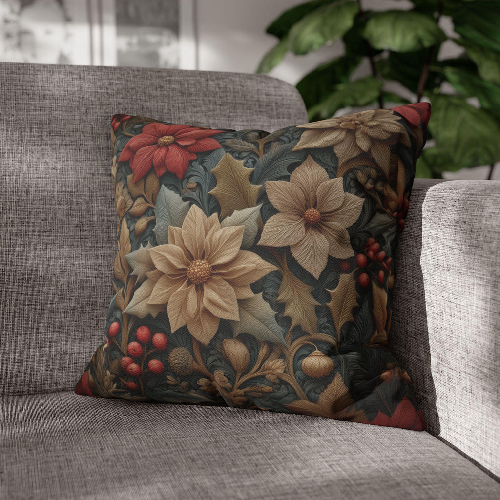 William Morris Christmas Pillow Cover: Wine & Pale Taupe Poinsettias with Clay on Gray Background