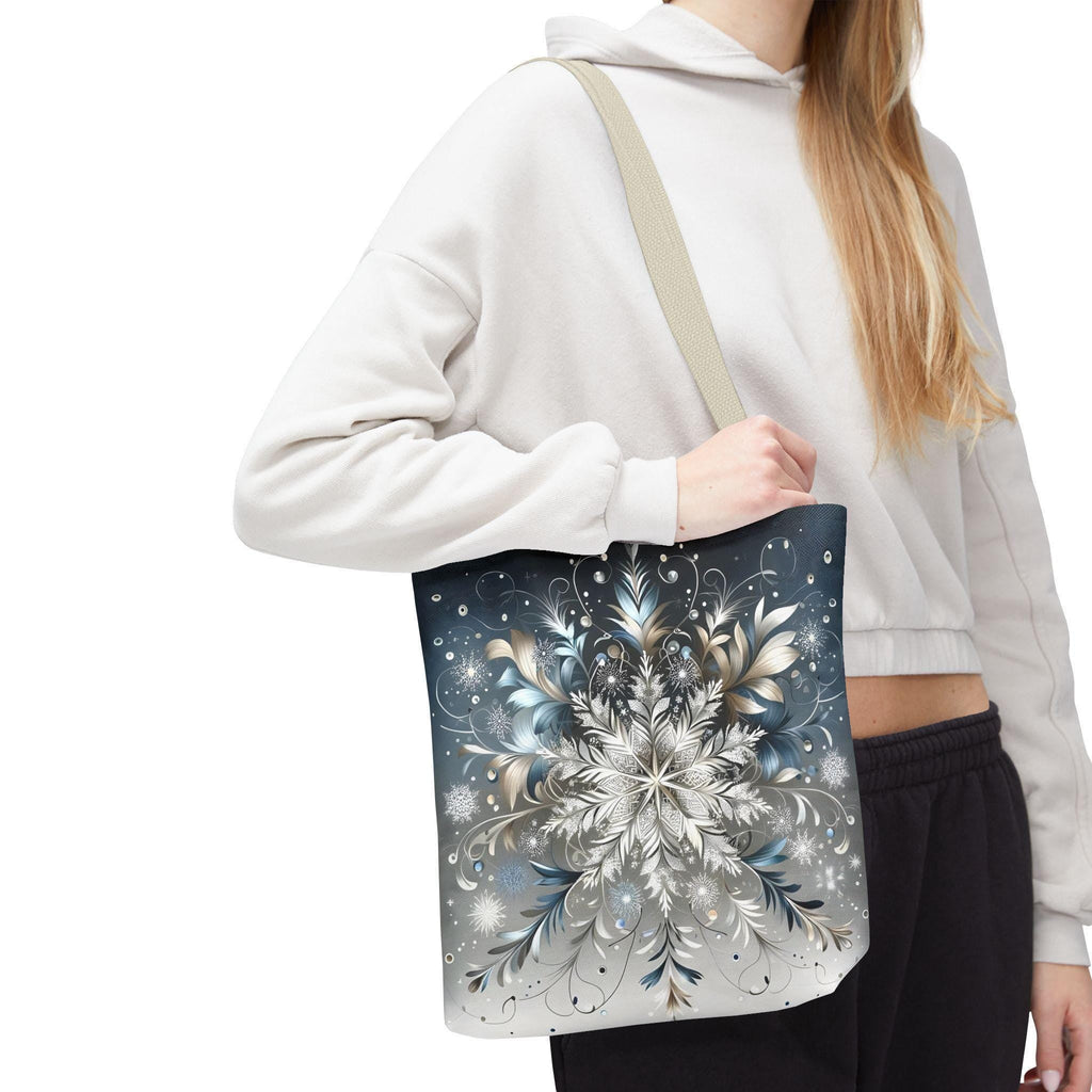 Elegant Snowflake Tote Bag, Silver & Blue Polyester Canvas