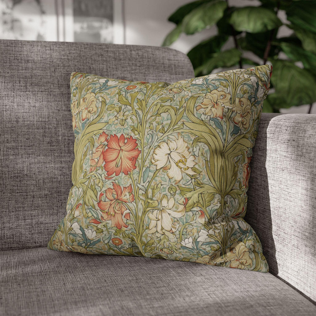 William Morris Style Pillow Cover: Soft Sage, Coral and Ivory Botanical Floral