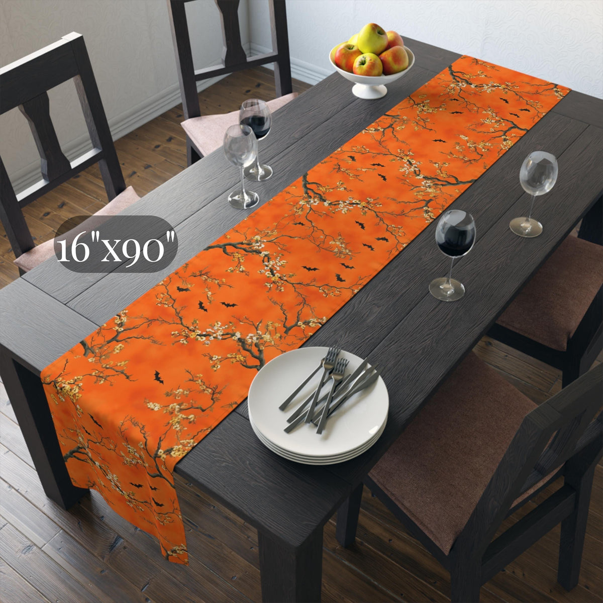 Halloween Chinoiserie Table Runner: Bright Orange with Bats and Blossoms  Decor