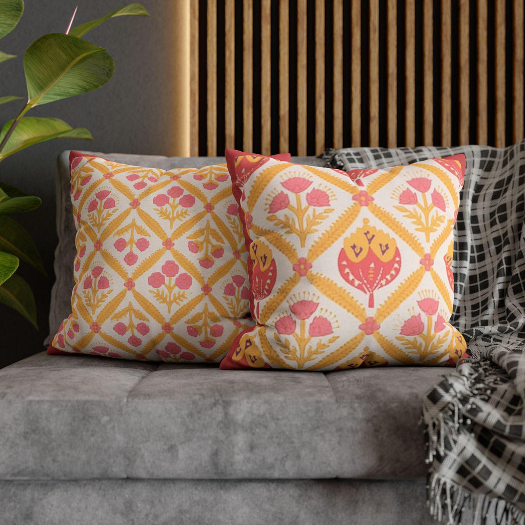 Reversible Floral Pillowcase: Pink & Coral Blossoms with Diamond Lattice - Decorative Home Accent Gift