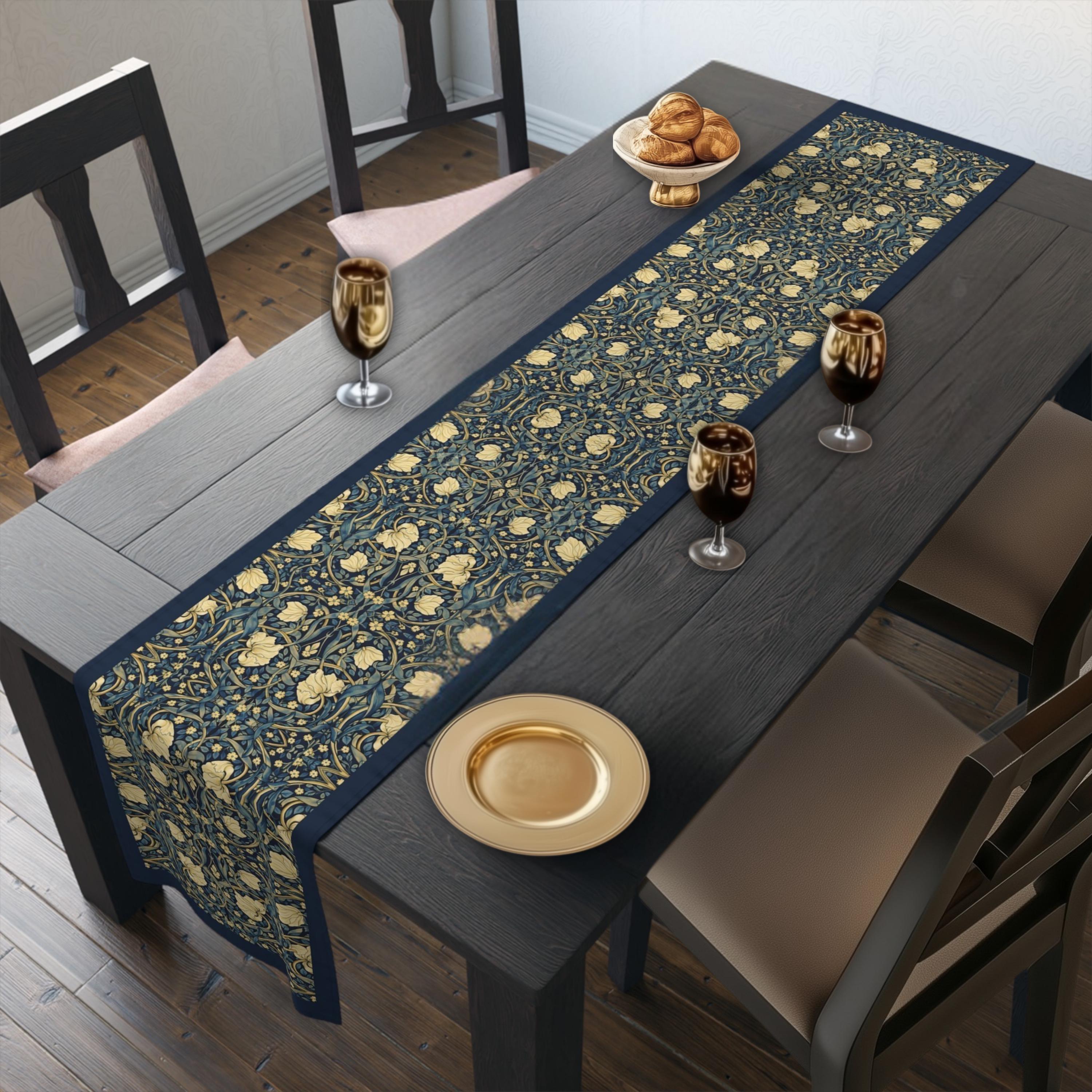 William Morris Table Runner: Navy and Champagne Vintage Pimpernel Reconstructed