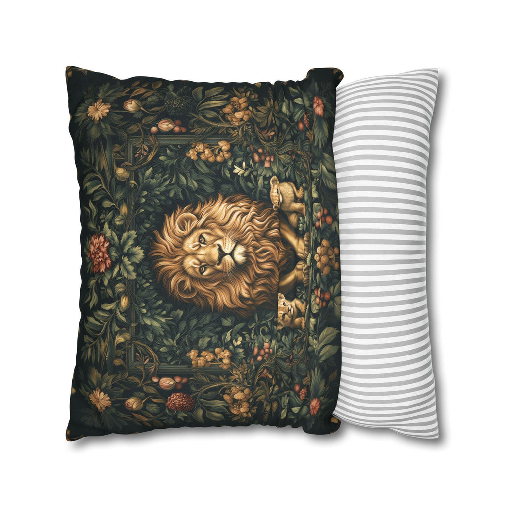 Regal Lion Pillow Cover: William Morris Inspired Botanical Cushion with Jungle Motif