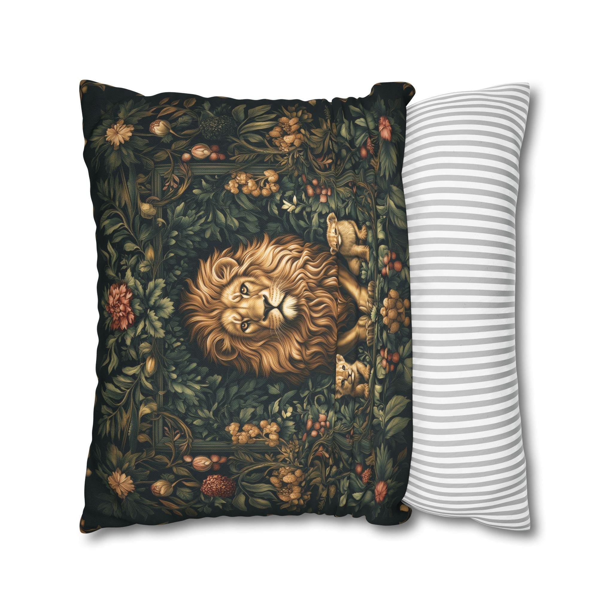 Regal Lion Pillow Cover: William Morris Inspired Botanical Cushion with Jungle Motif