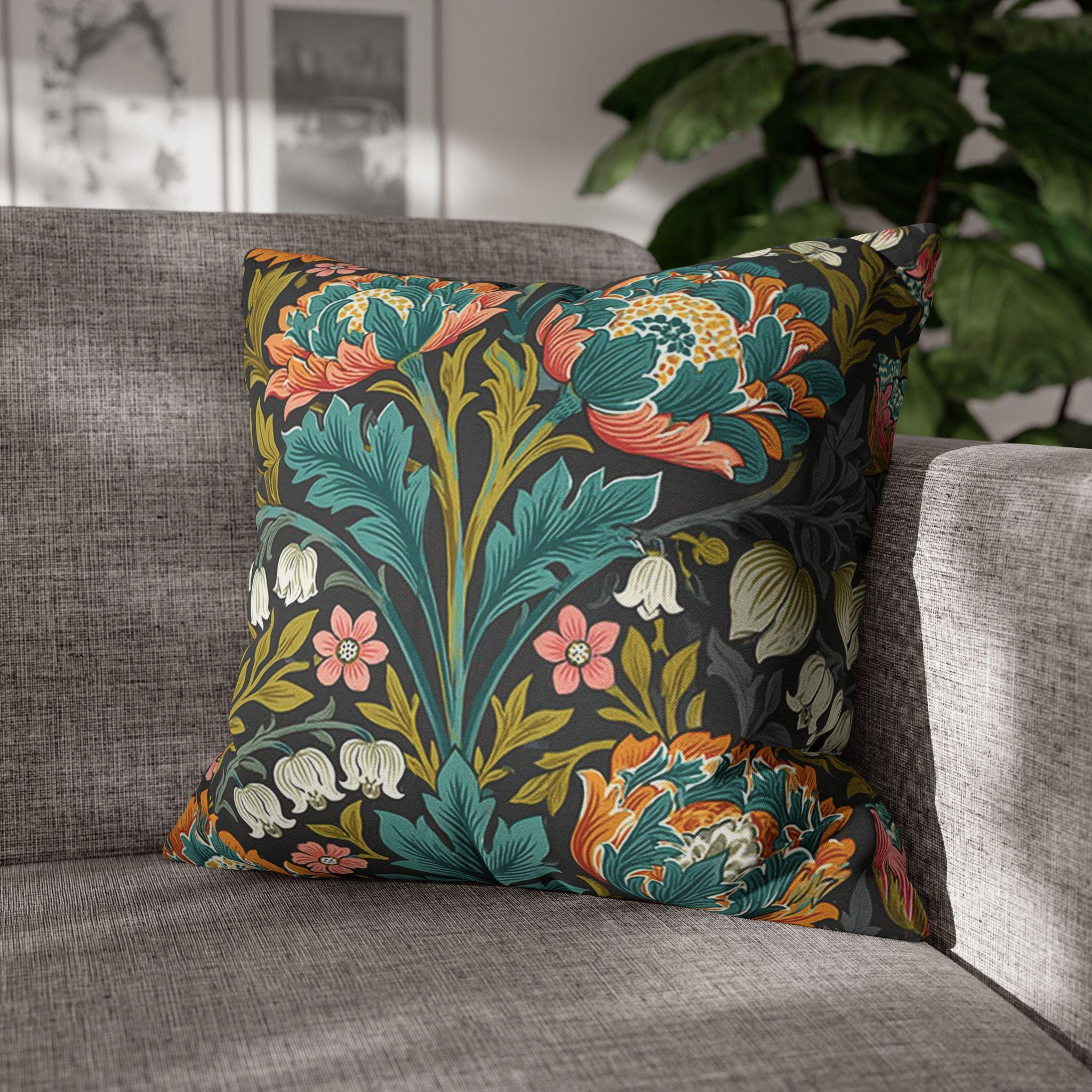 William Morris Style Throw Pillow Cover: Moody Teal Coral Botanical