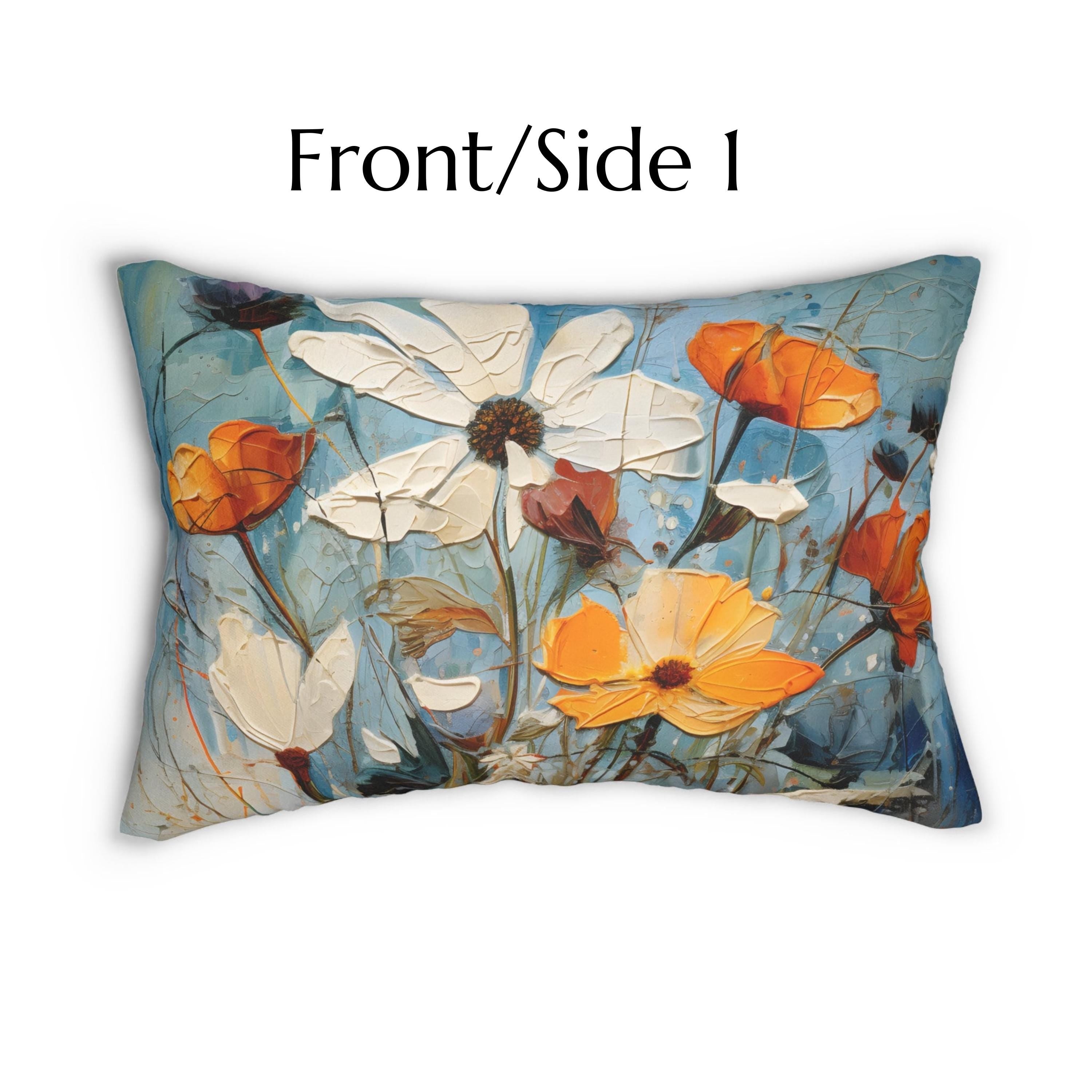 Vintage Style Floral Lumbar Pillow: Blue Wildflower Oil Painting Style