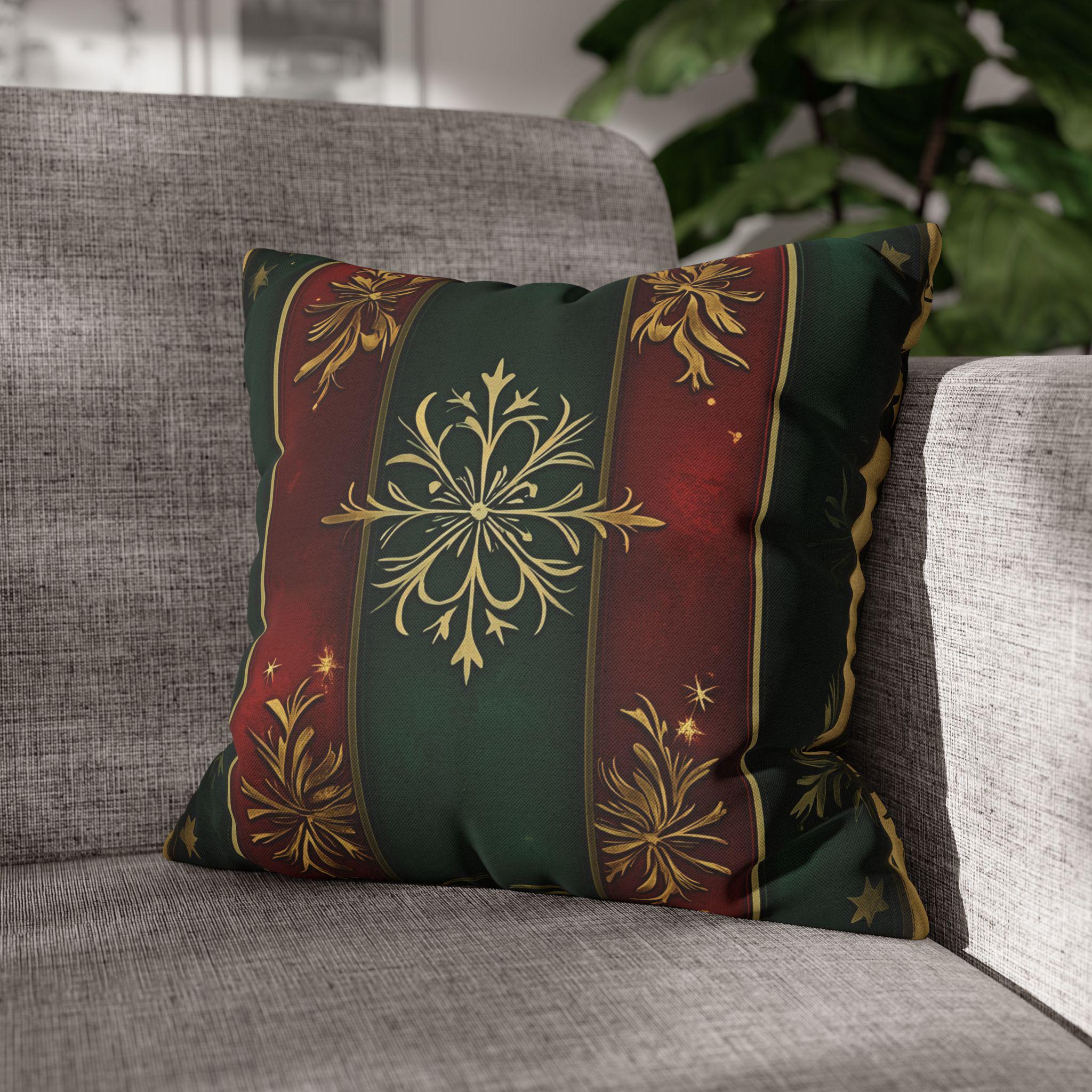 Red and Green Striped Holiday Pillow Cover: Gold Floral Accent