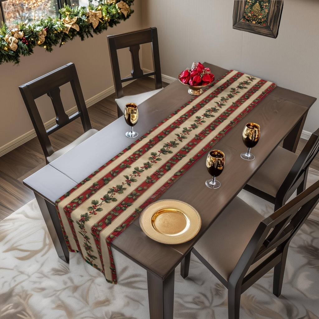 Striped Holly Christmas Table Runner: Red, Green, Cream Holiday Botanical Winter Decor