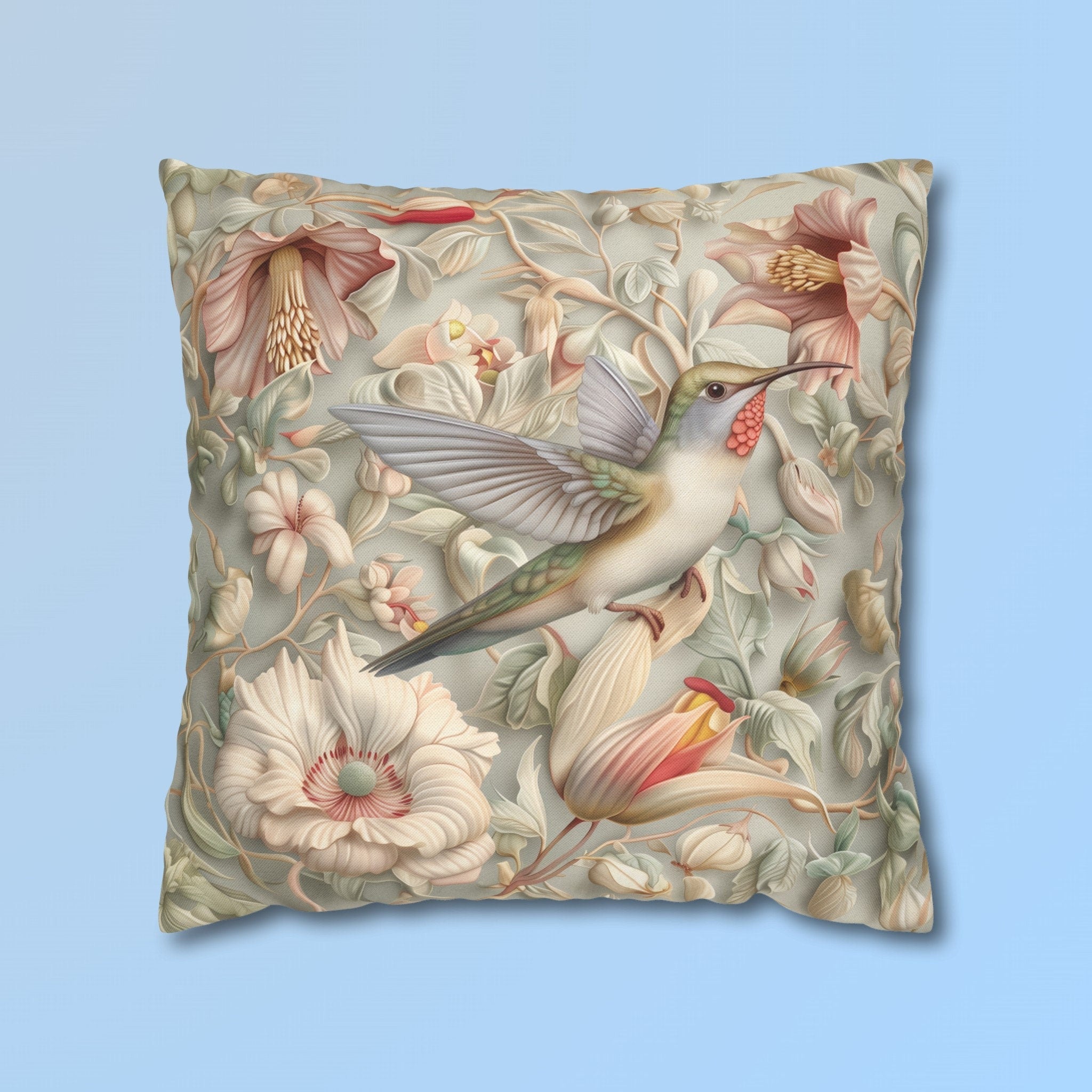William Morris Hummingbird Pillow Cover: Vintage Style Floral Art, Pastel Green