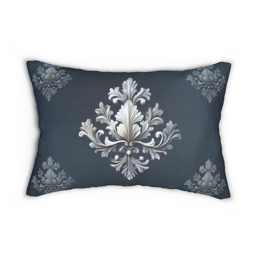 Damask Lumbar Pillow: Navy Blue & Silver Acanthus Leaf Design