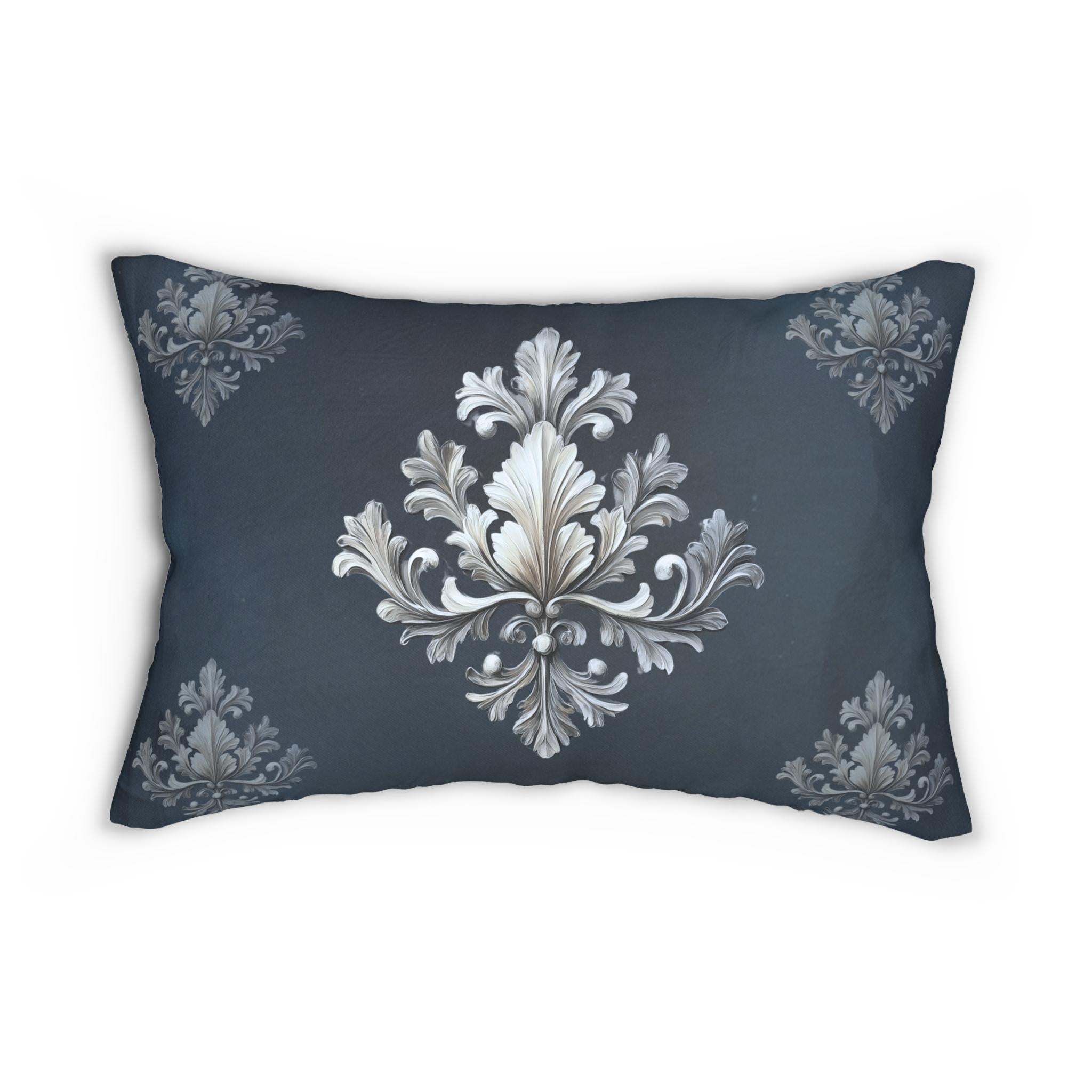Damask Lumbar Pillow: Navy Blue & Silver Acanthus Leaf Design