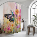 Colorful Butterfly Garden Fabric Shower Curtain: Watercolor Spring Wildflowers on Pastel Background