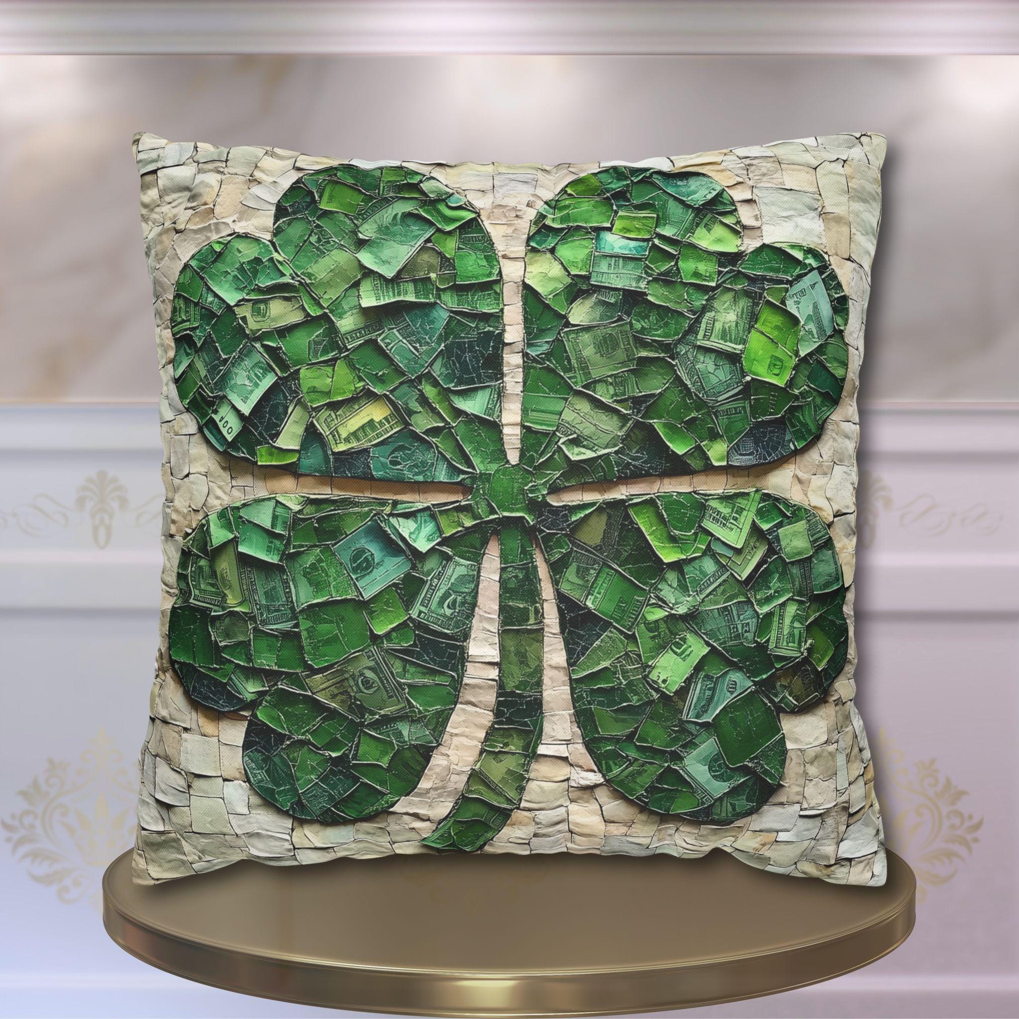 St. Patrick's Day Lucky Clover Pillowcase: Green Money Mosaic Design, Handcrafted Square Decor