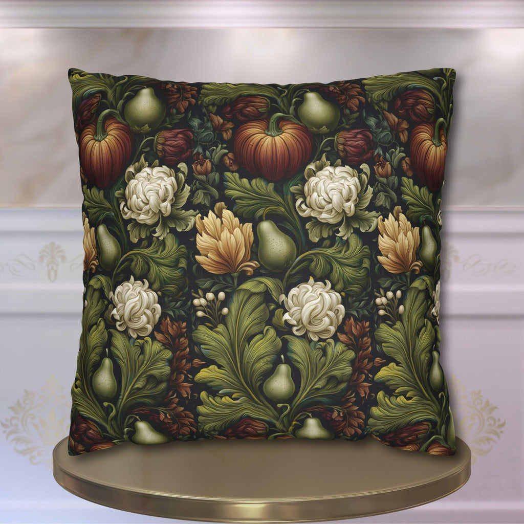 William Morris Inspired Fall Pillow Cover: Pumpkins, Pears, and Ivory Florals on Charcoal