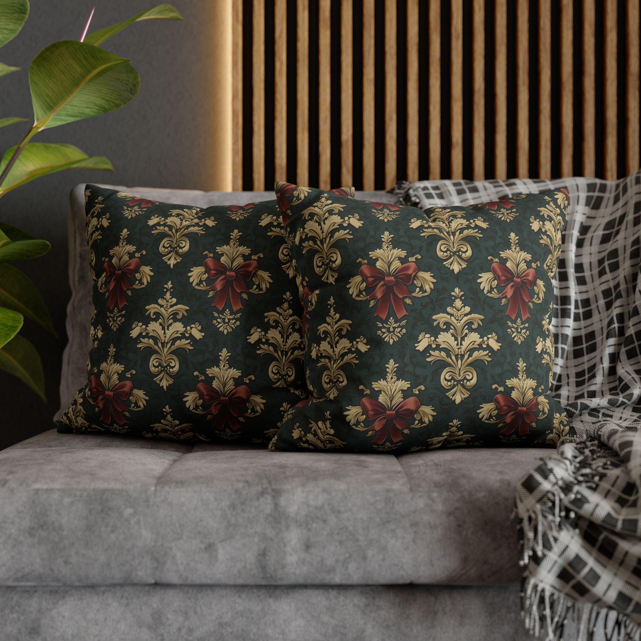 Baroque Damask Christmas Pillow Cover: Evergreen Gold and Simulated Red Bow Holiday Accent
