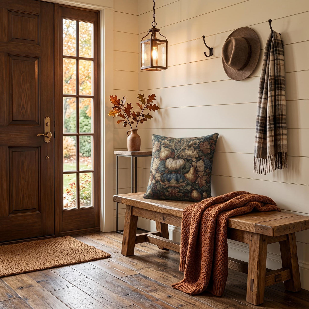 a cozy entryway with a wooden bench, a decorative pillow, a hat rack, and a vase of autumn leaves. The wooden floor and white walls create a warm and inviting atmosphere.