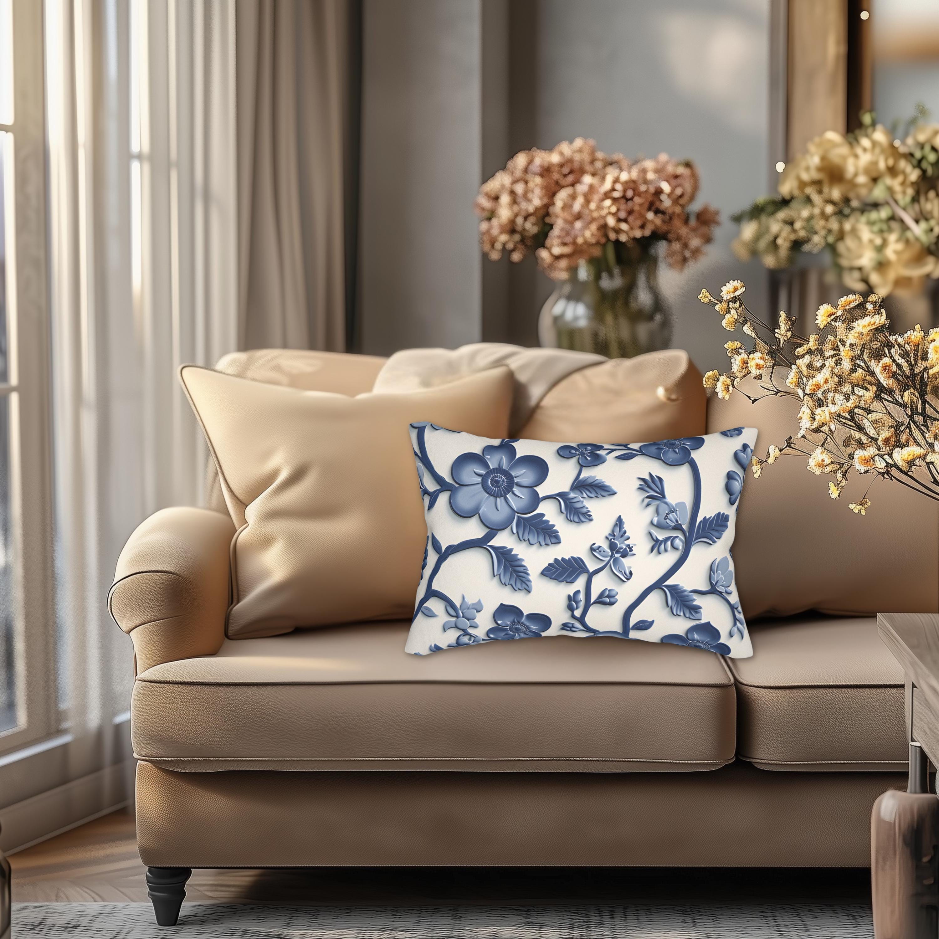 Chinoiserie Blue White Floral Lumbar Pillow | Elegant Pottery Pattern Accent Cushion