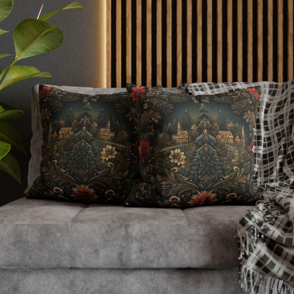 Storybook Village Christmas Pillow Cover: William Morris Style, Pine Green and Crimson Florals