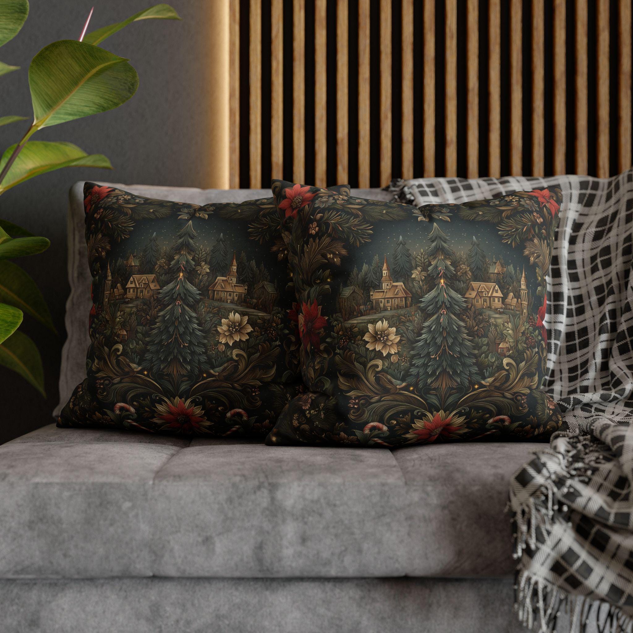 Storybook Village Christmas Pillow Cover: William Morris Style, Pine Green and Crimson Florals