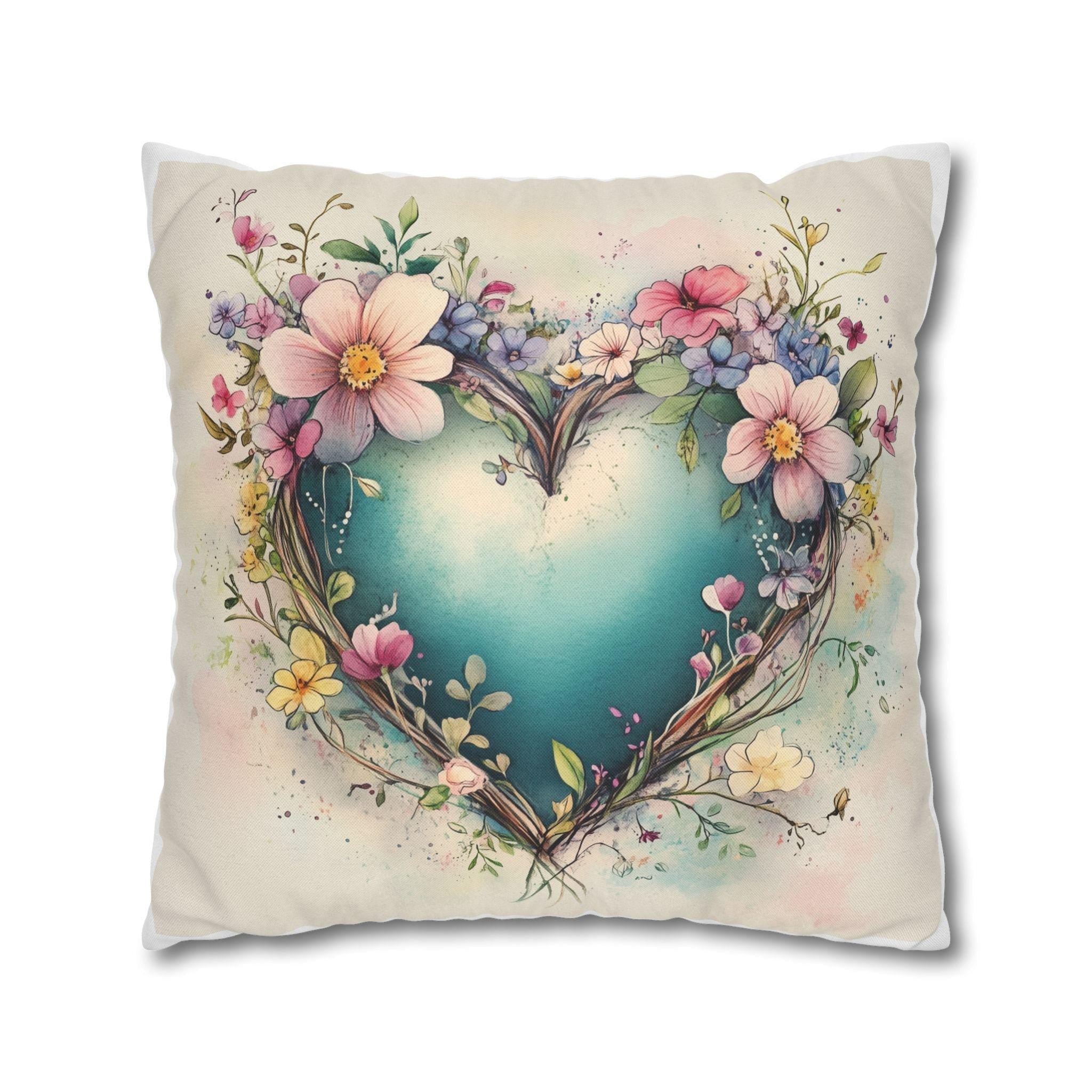 Romantic Floral Heart Wreath Pillowcase: Whimsical Square Cushion Cover for Home Decor & Gifts