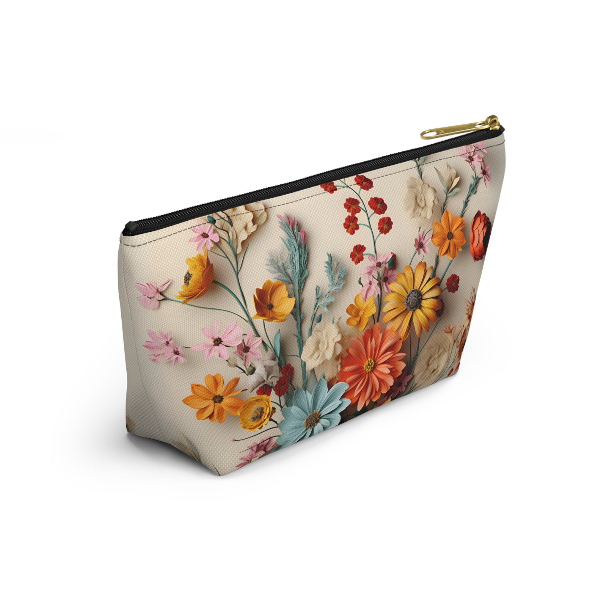 Vintage Wildflower Bouquet Makeup Pouch - Colorful Floral Canvas Accessory Bag in Multiple Sizes