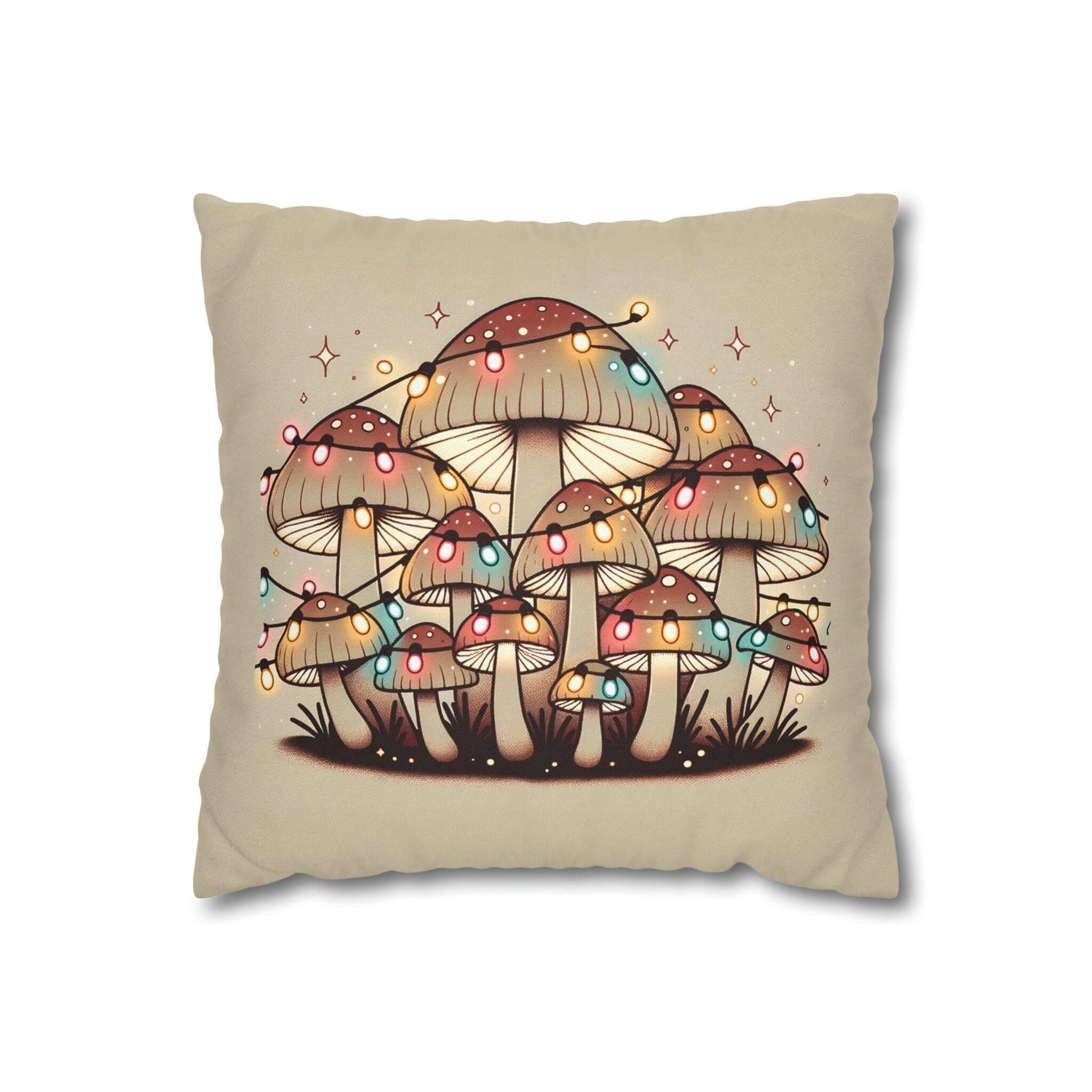 Whimsical Mushrooms Adorned with Colorful Christmas Lights: A Unique Throw Pillow Cover for the Holidays