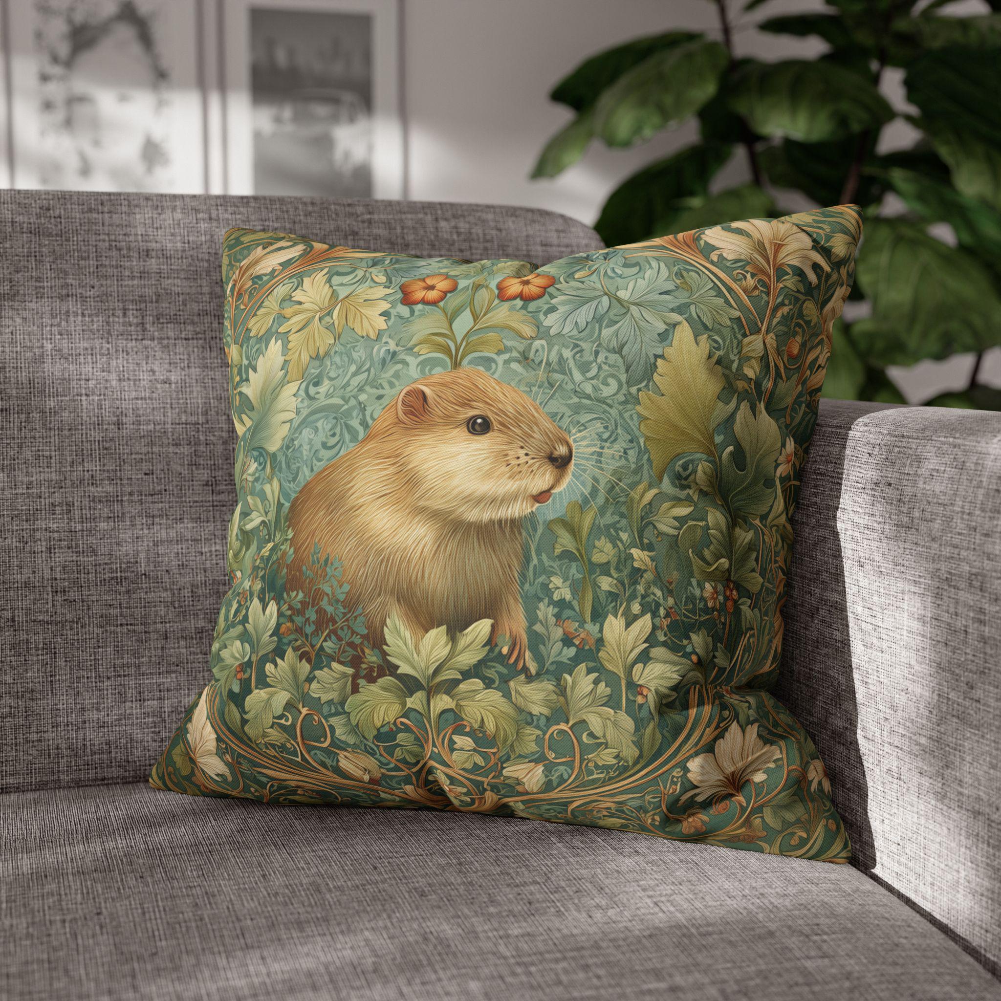 William Morris Inspired Beaver Pillow Cover: Woodland Cushion with Botanical Frame and Earthy Design