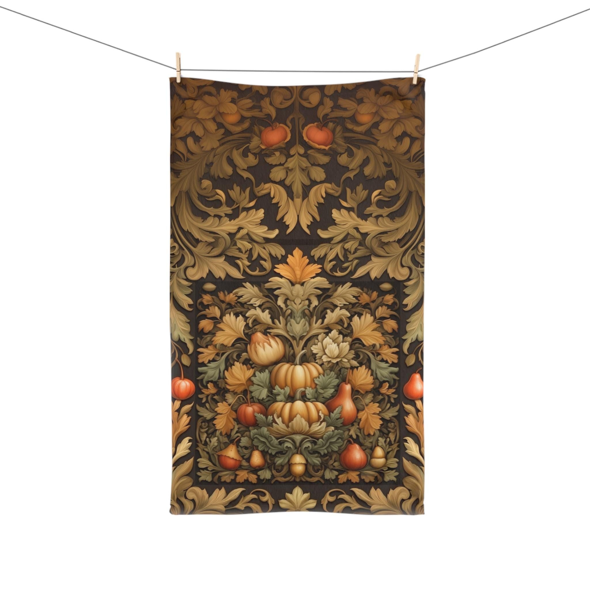 William Morris Inspired Autumn Harvest Tea Towel: Charcoal Amber Olive