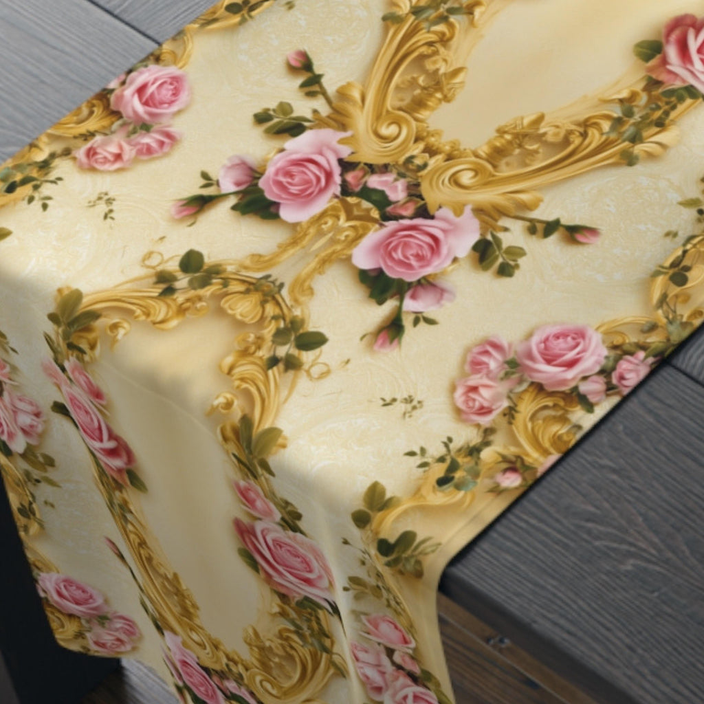 Wedding Table Runner with Pink Roses and Gold Scrollwork: Romantic Victorian Floral