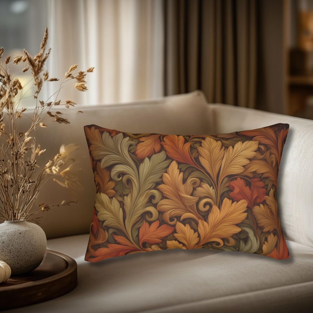 Vintage-Inspired William Morris Fall Leaf Lumbar Pillow: Autumn Harvest Tapestry Accent