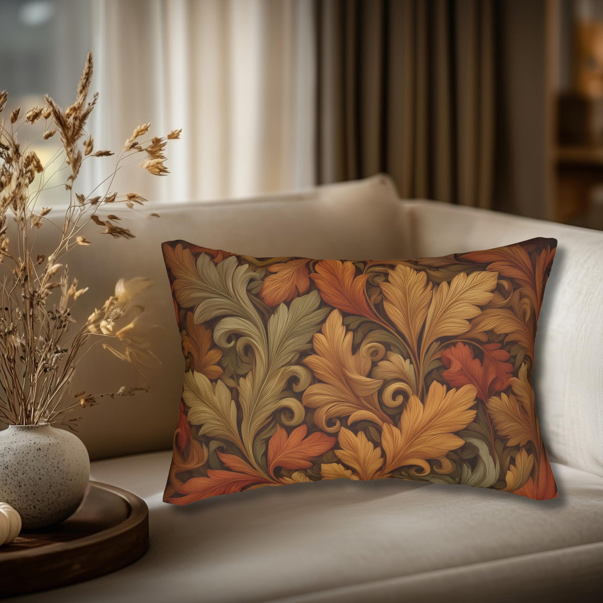 Vintage-Inspired William Morris Fall Leaf Lumbar Pillow: Autumn Harvest Tapestry Accent