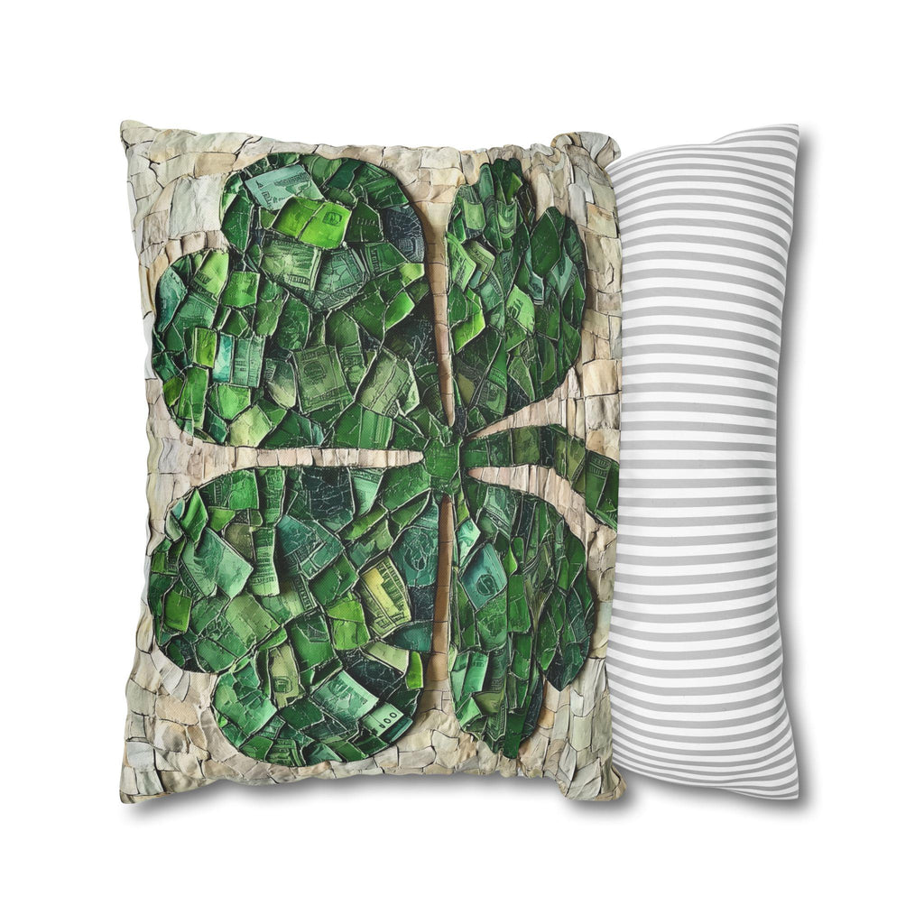 St. Patrick's Day Lucky Clover Pillowcase: Green Money Mosaic Design, Handcrafted Square Decor