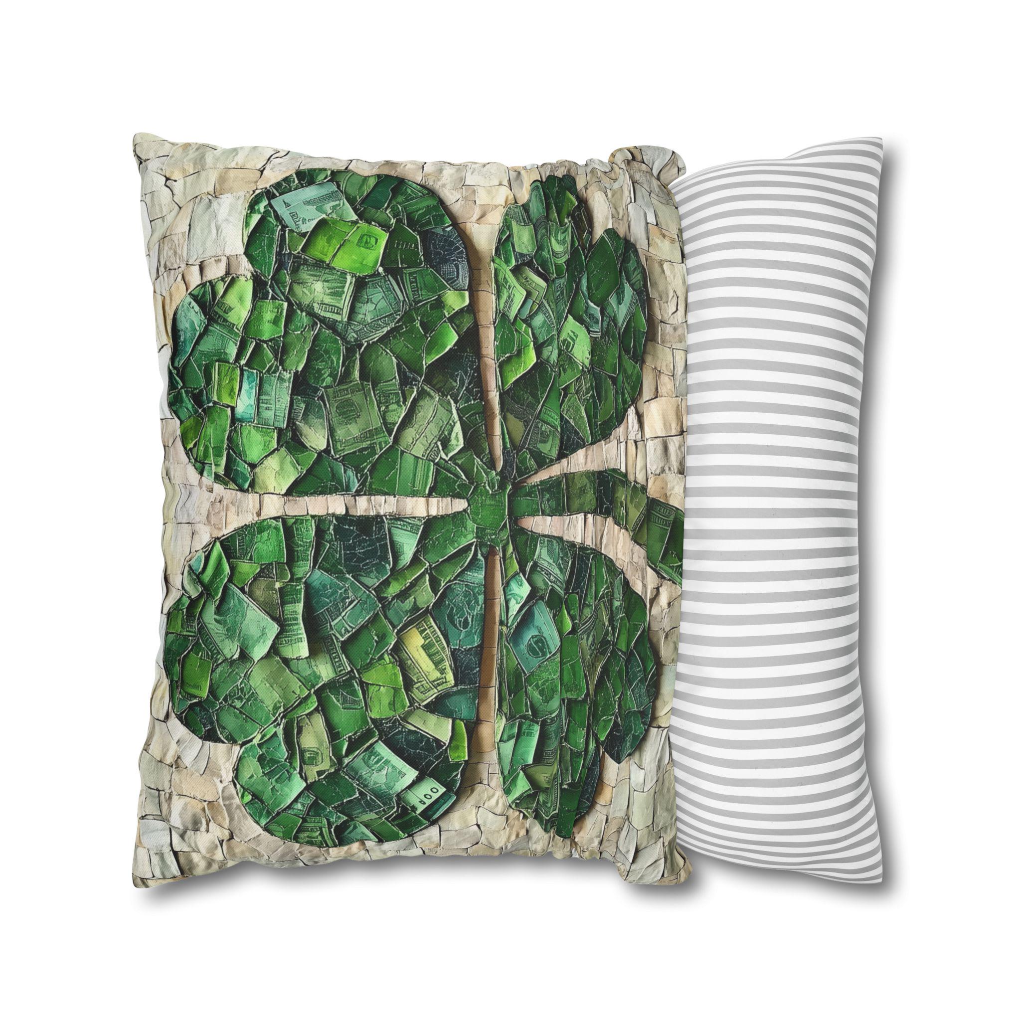 St. Patrick's Day Lucky Clover Pillowcase: Green Money Mosaic Design, Handcrafted Square Decor