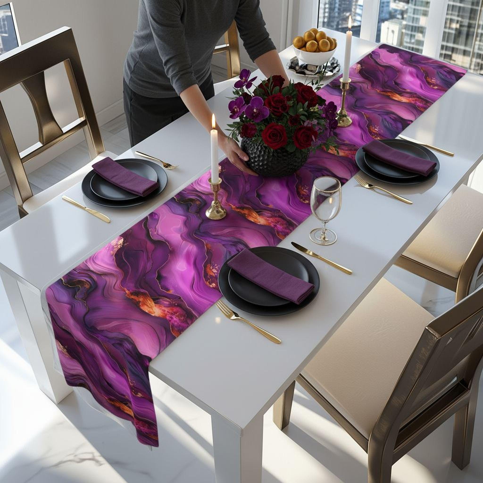 Abstract Plum Table Runner: Waves of Amethyst with Copper Fire Colored Accents