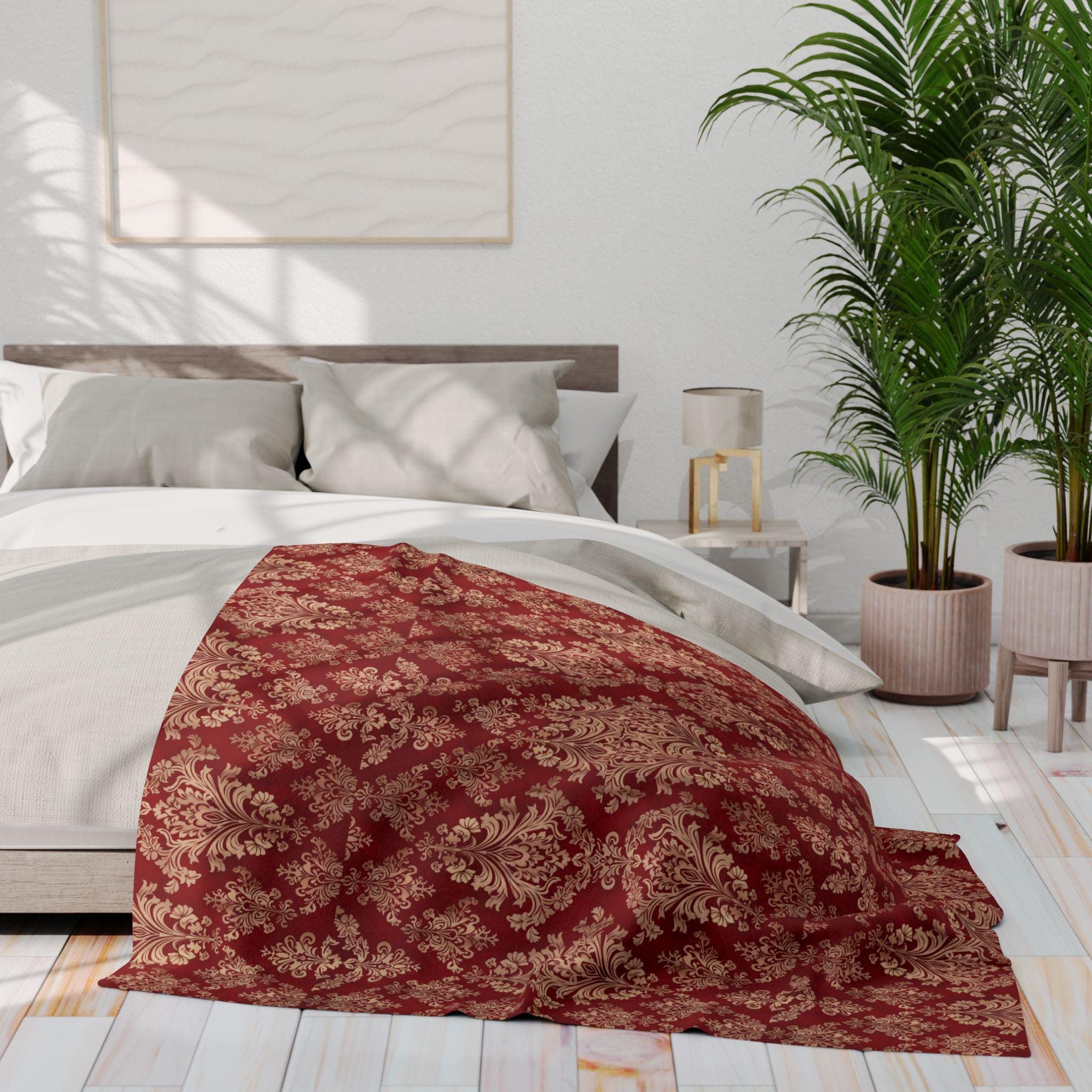 Red & Pale Gold Damask Fleece Throw: Elegant Opulent Bedding