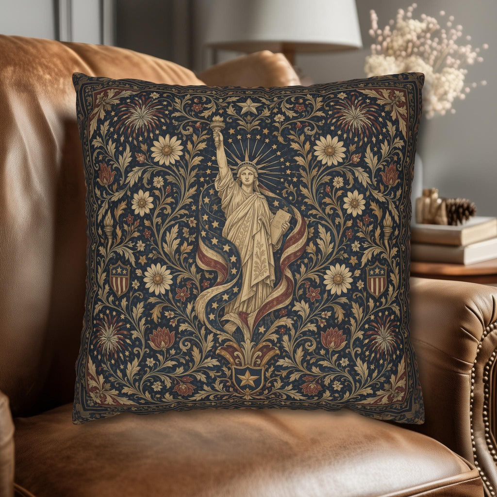 Patriotic Pillow Cover: Americana Statue of Liberty Botanical Design