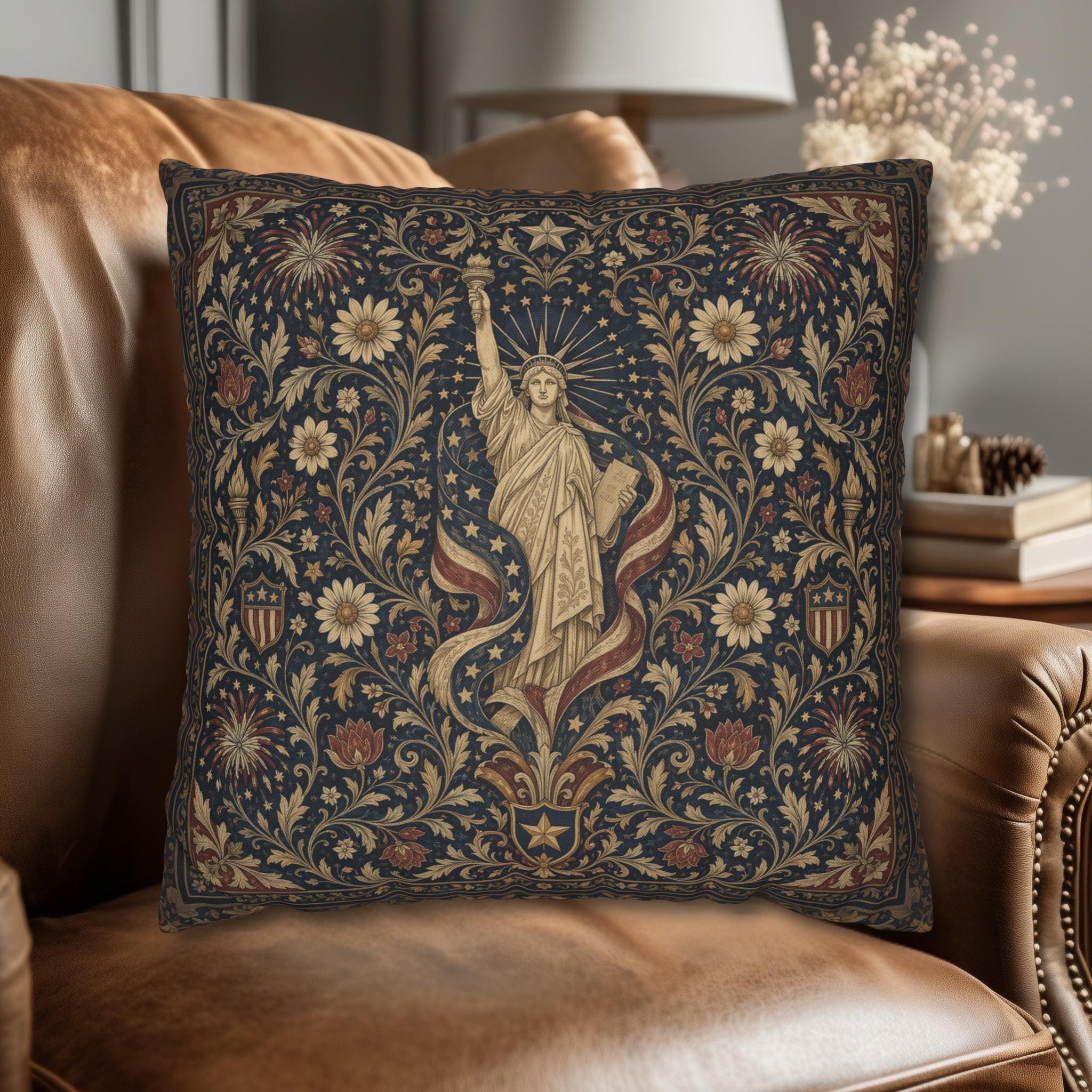 Patriotic Pillow Cover: Americana Statue of Liberty Botanical Design