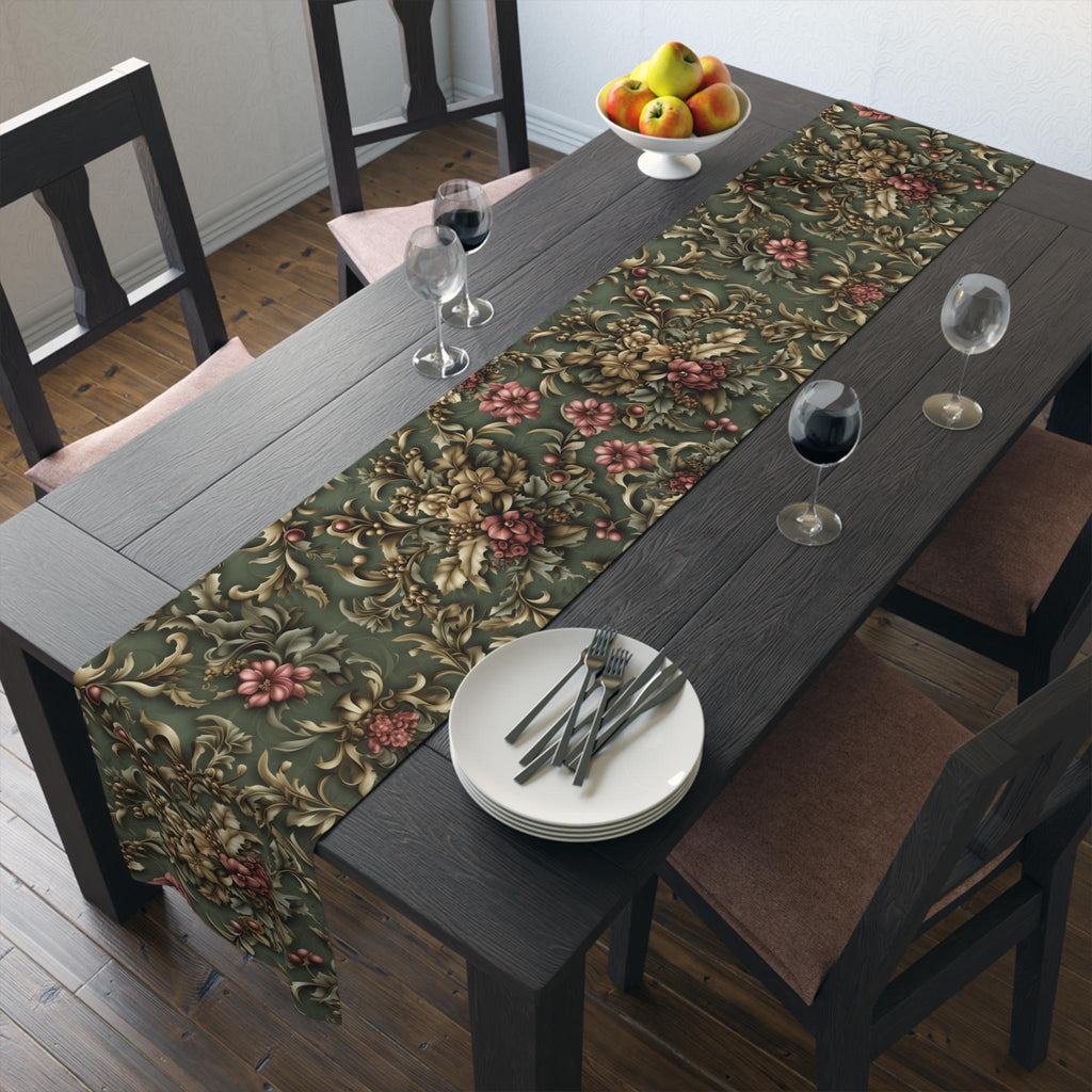 William Morris Inspired Holly & Poinsettia Christmas Table Runner: Deep Sage, Gold, Cranberry