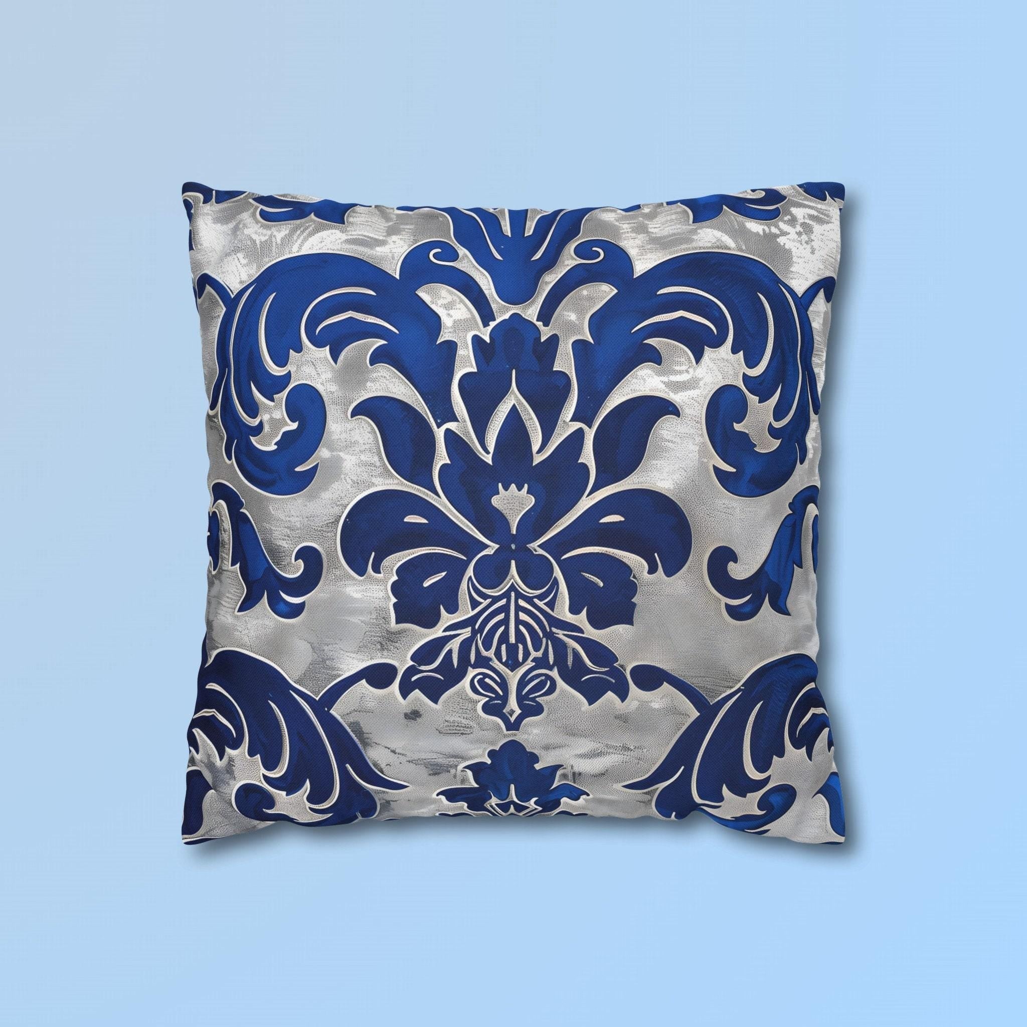 Baroque Royal Blue Floral Pillow Cover: Elegant Silver Accent