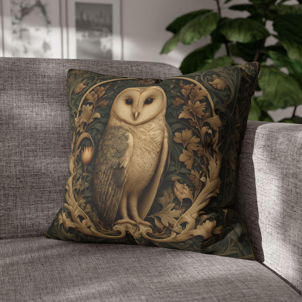 William Morris Style Pillow Cover: Woodland Owl in Moss Green & Antique Gold