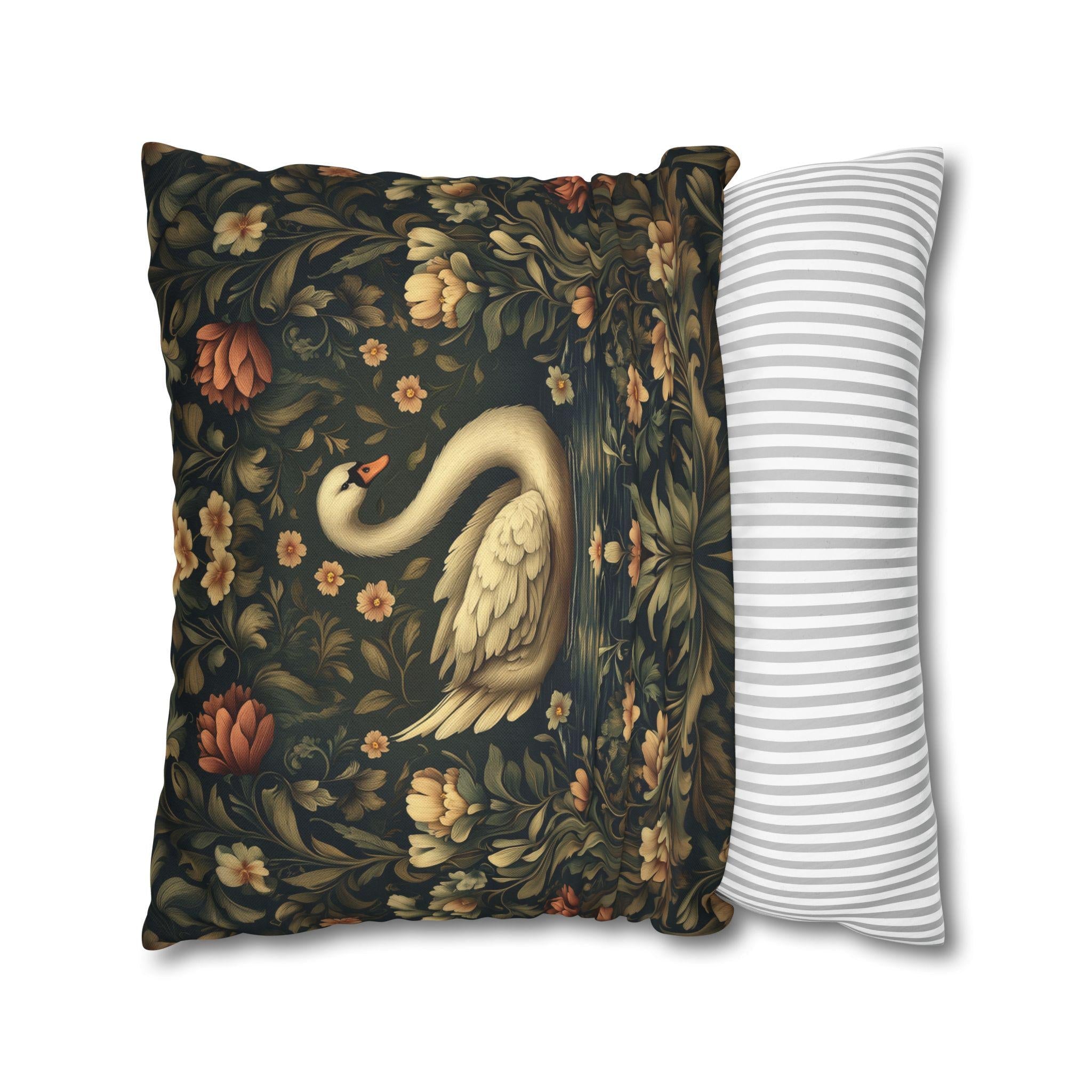 William Morris Inspired Swan Lake Decorative Pillow Cover: Moody Floral Fairytale Cushion Case