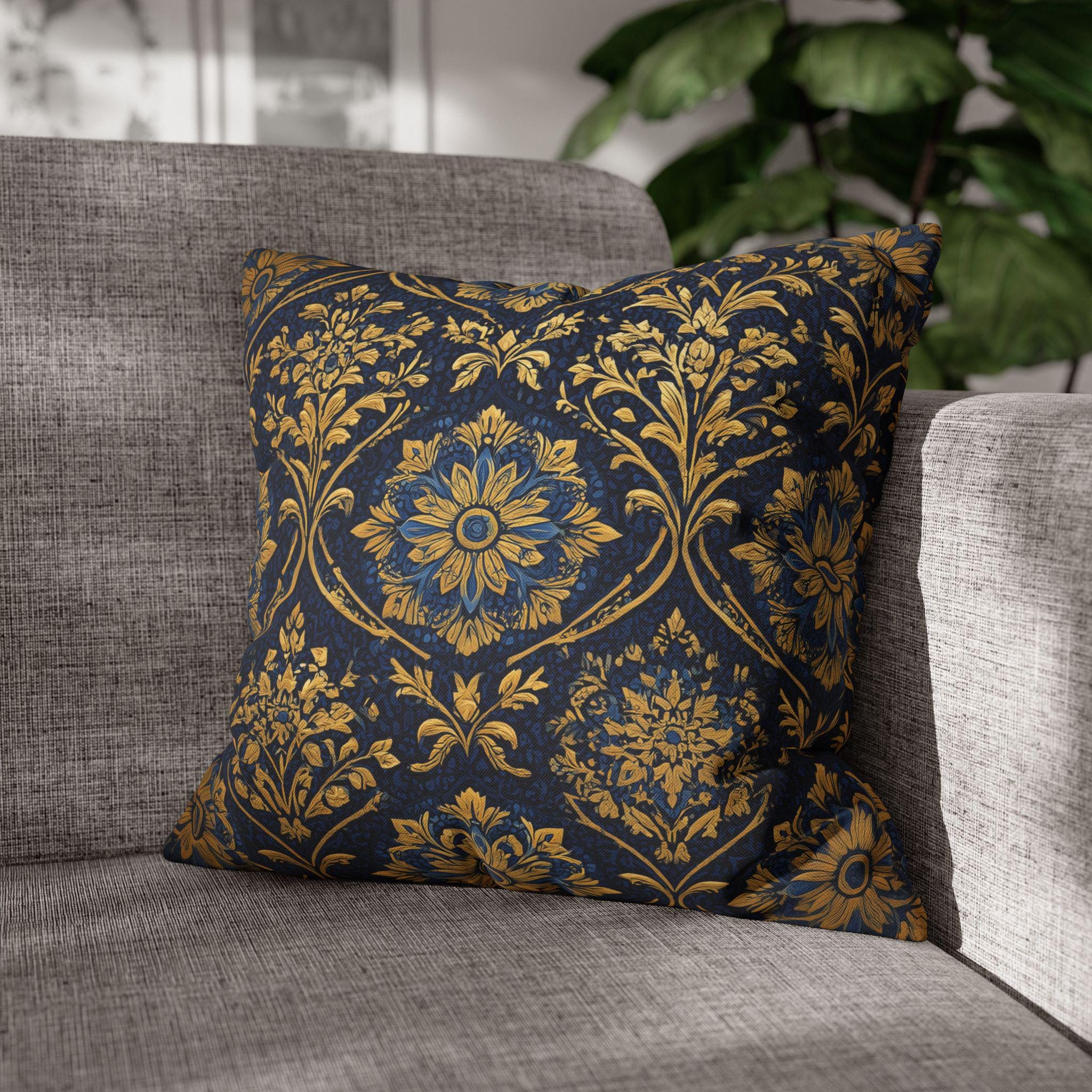 Blue and Gold Damask Pillow Cover: Vintage Style Regal Cushion